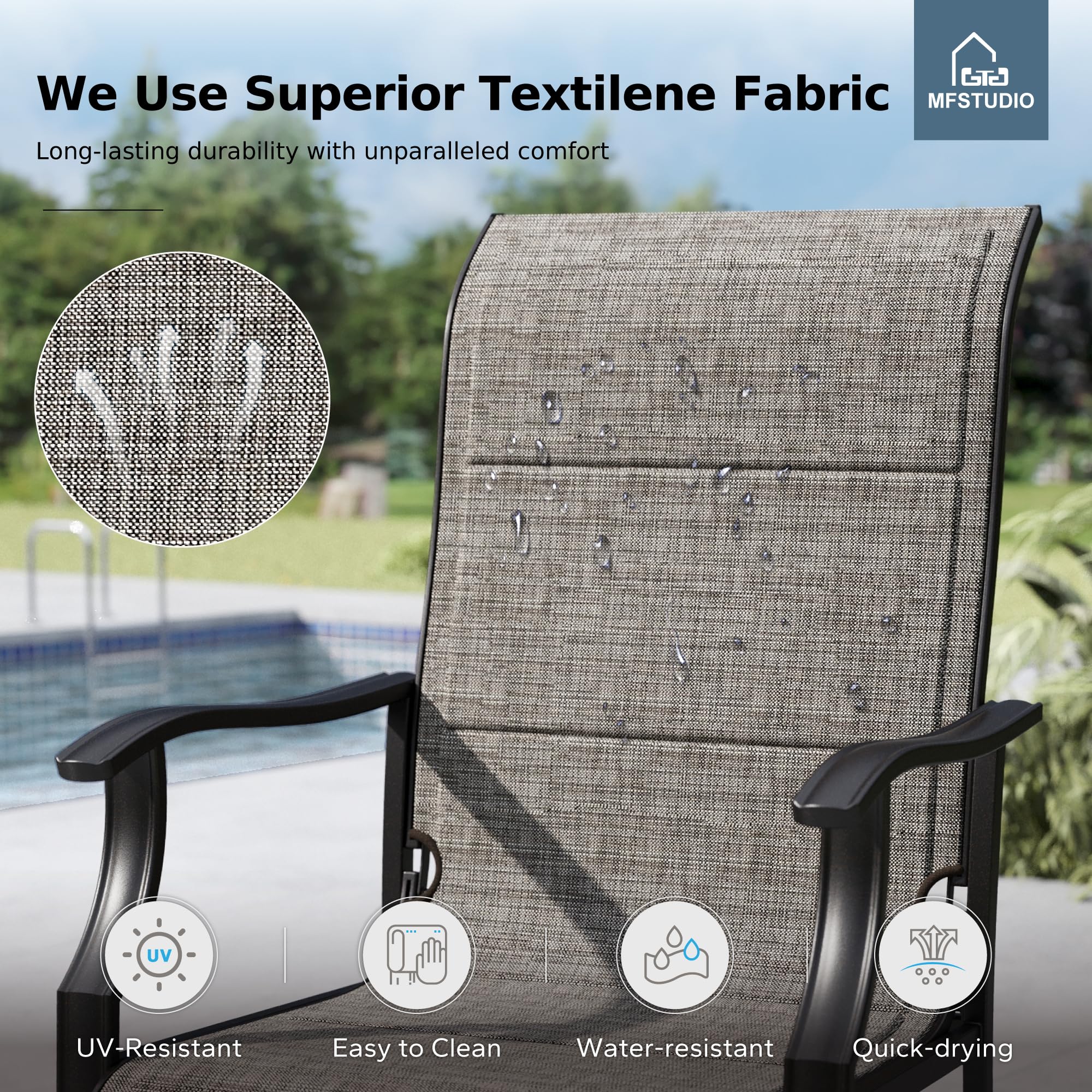 Close-up of Textilene fabric with water droplets, showing UV-resistant, easy to clean, water-resistant, and quick-drying properties