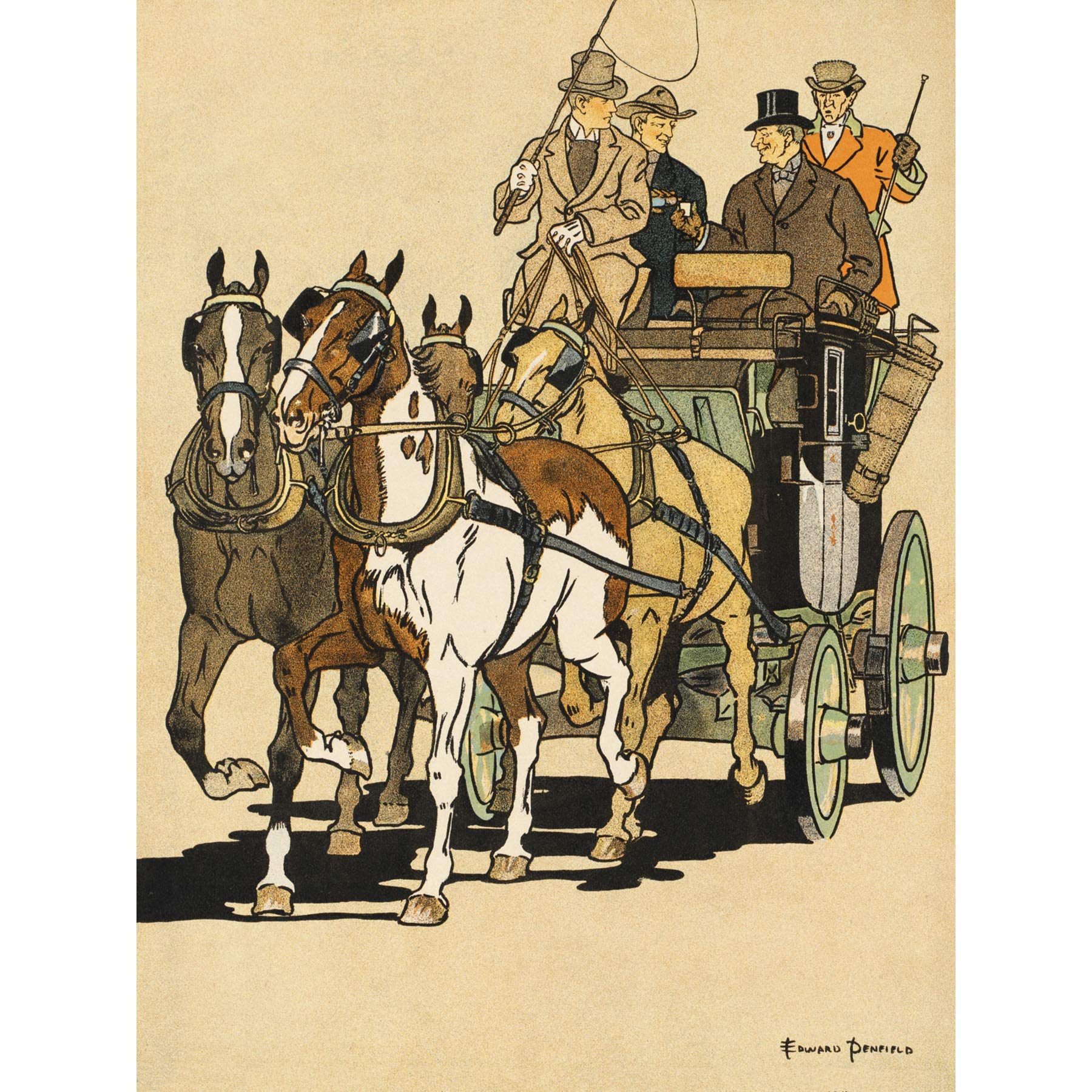 Artery8 Penfield Four Men Riding Horse Drawn Carriage Illustration Extra Large XL Wall Art Poster Print