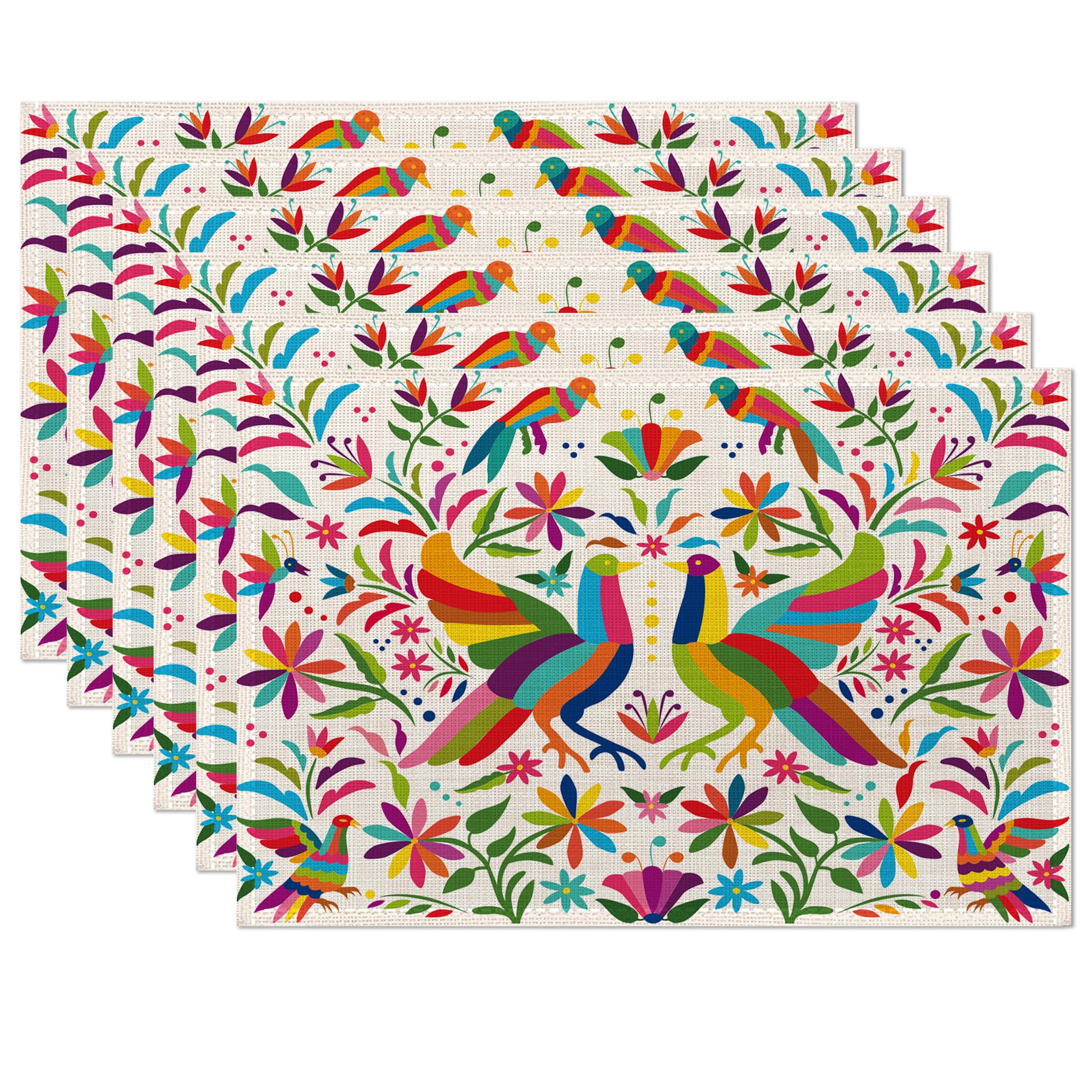 Juego de 6 manteles individuales coloridos con diseño de pájaro mexicano, de lino étnico, lavables, para cocina, comedor, resistentes al calor, para fiestas en casa, interiores, vacaciones, 12 x 18