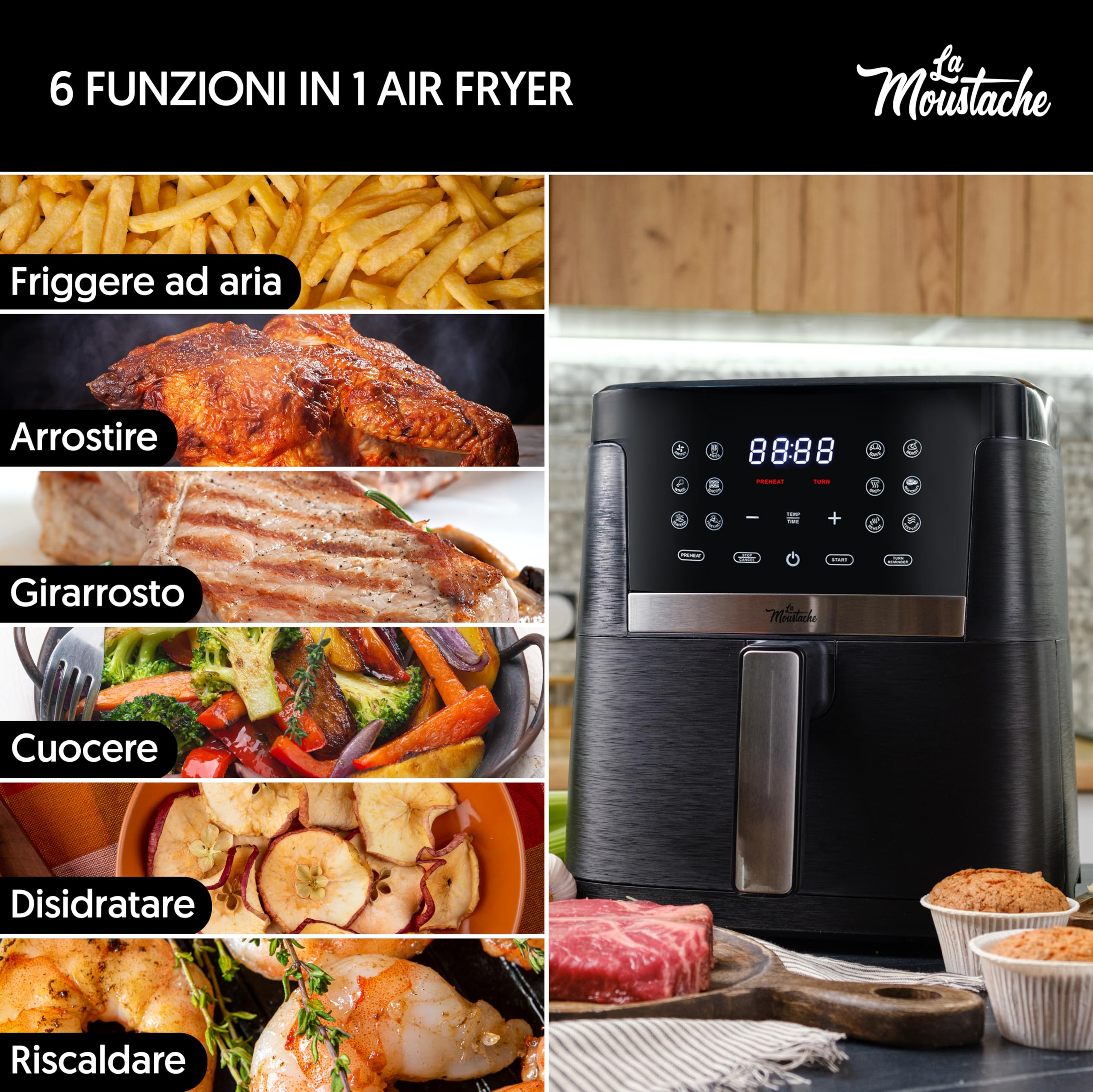 La Moustache - Friggitrice Senza Olio 7L ad Aria Calda 1800W con E-Book di Ricette, Air Fryer con 12 Programmi, Controllo Digitale 80-200 °C, Timer, Griglie Antiaderenti (Pro Smart)