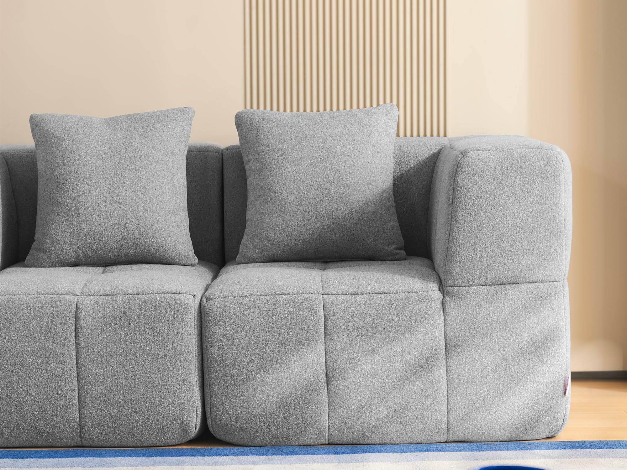 Sofá Modular 3 plazas con Chaise Longue, Tejido bouclé, Fundas de cojín desenfundables (Gris Nube, 3 plazas con Chaise Longue)