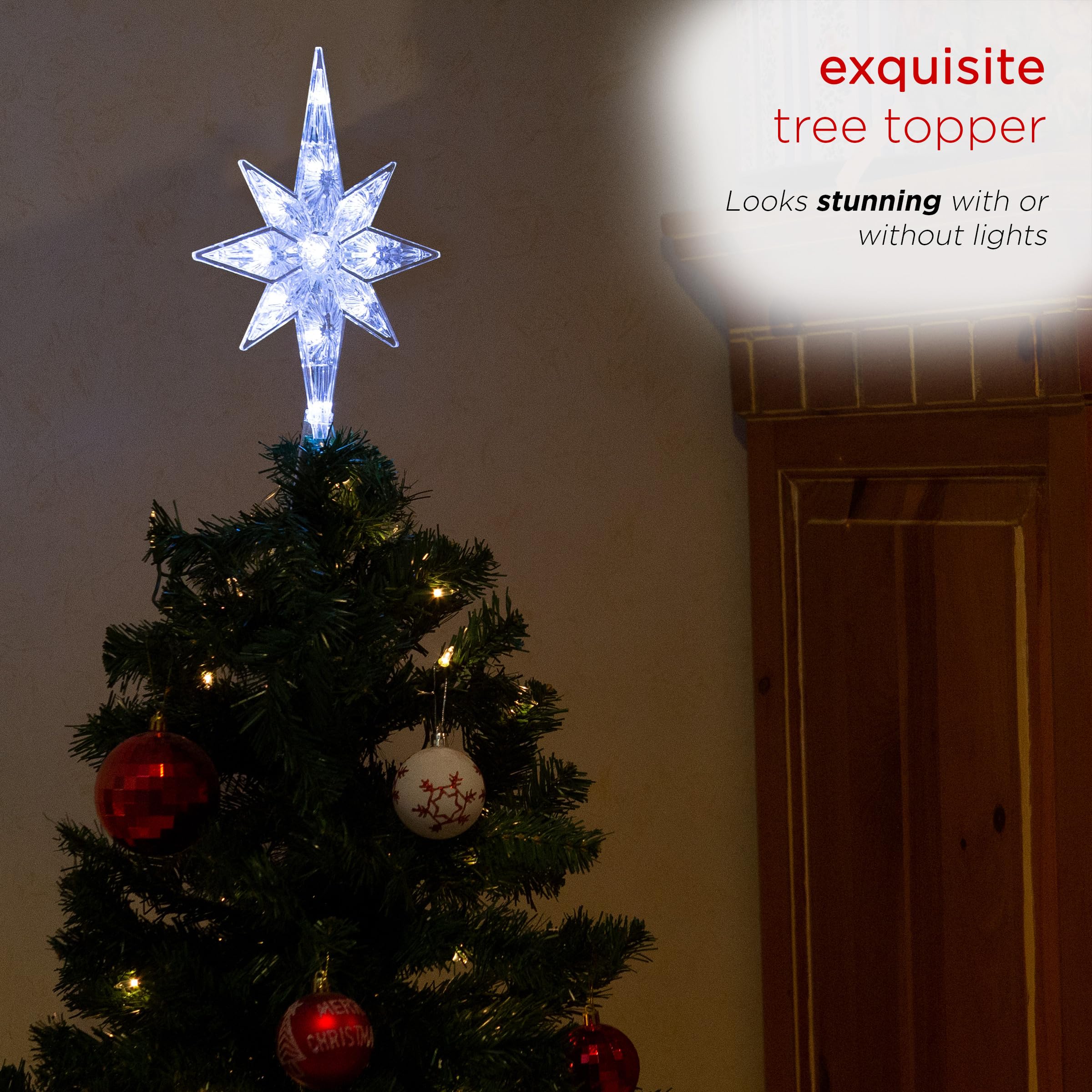 Alpine Corporation Cimier de Sapin de Noël en Forme d'étoile avec lumières LED Blanc Froid