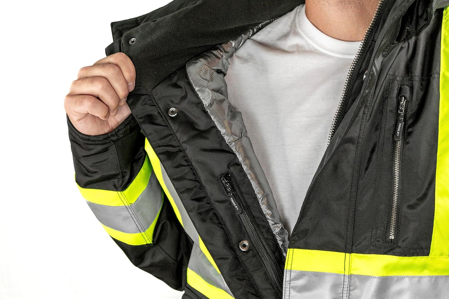Tingley J28123C Cold Gear Men's Insulated Jacket with Detachable Hood, High Visibility, Heat Retention, Water Repellent Work Coat, Type O Class 1 ANSI, Large, Black/Fluorescent Yellow-Green