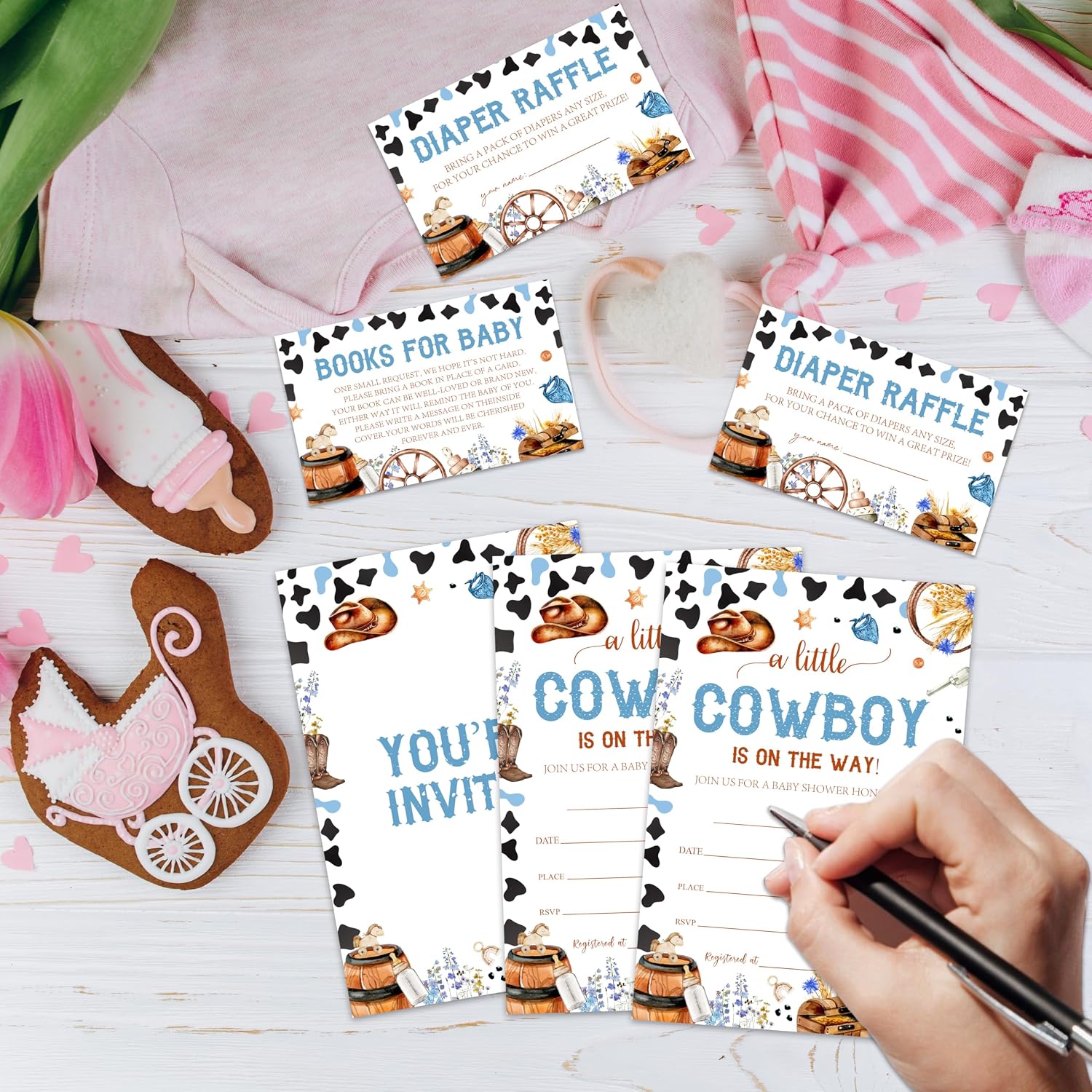 A Little Cowboy Is On The Way Baby Shower Invitation For Boys Girls - Set Of 25 Gender Reveal Invitations With Diaper Raffle Tickets And Book Request - Baby Announcement Party Favor & Supplies - A07