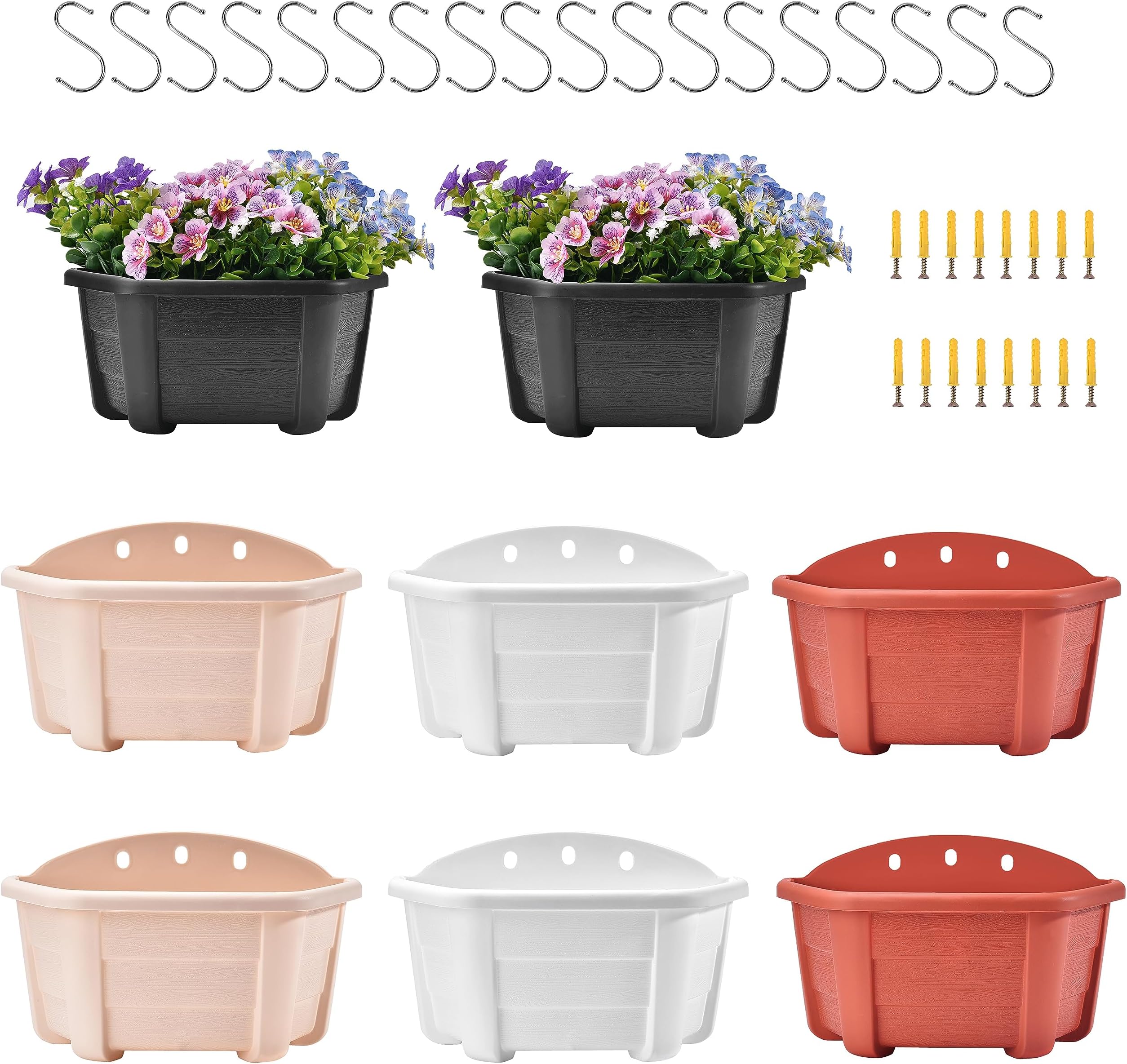 ORIMERC9.8" 8 Pack Wall Hanging Planters Plastic Retro Style Railing Hanging Planters Plants Flowers Plastic Pots Baskets for Balcony Fence Garden Outdoor Indoor-4 Color