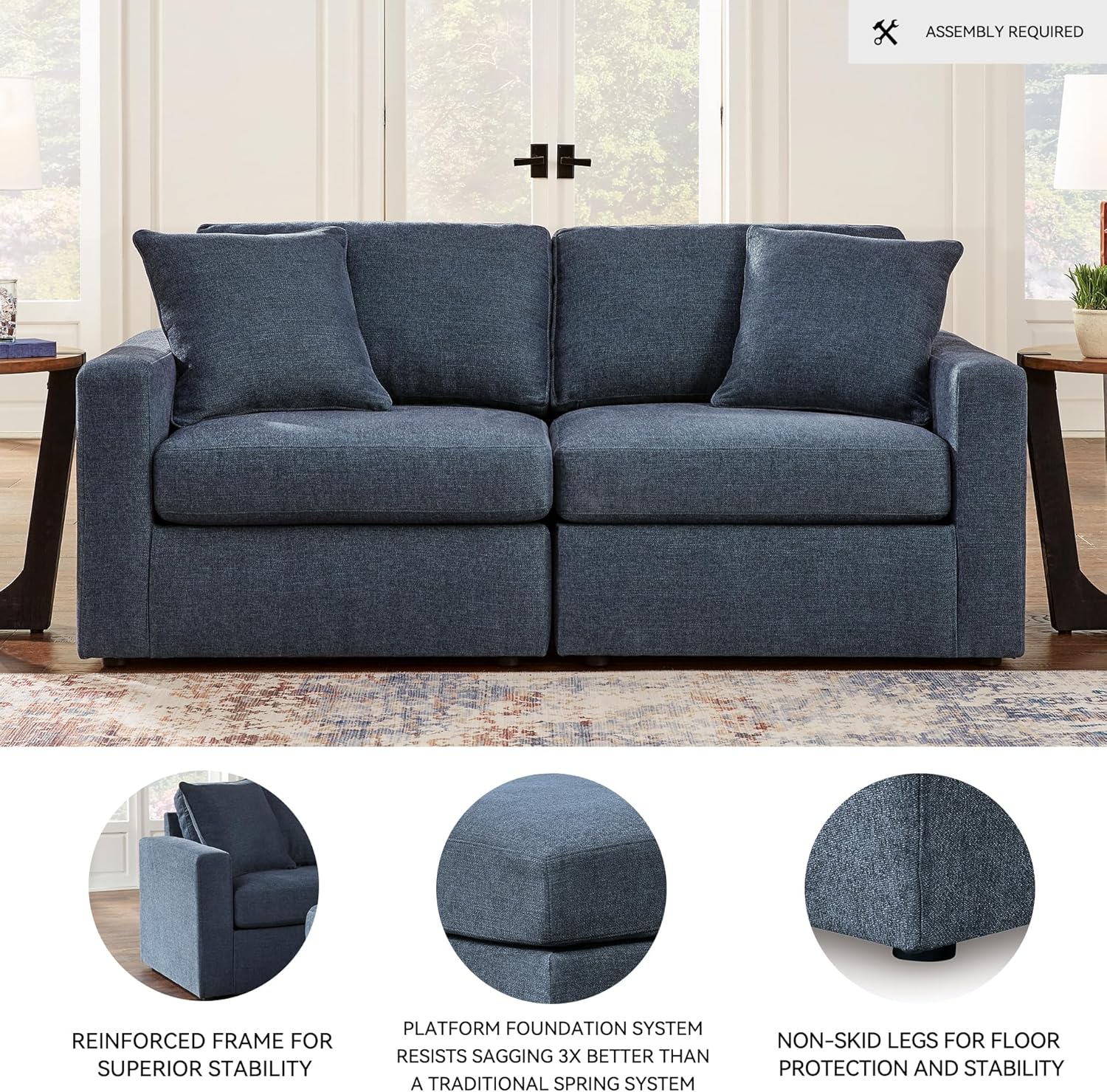 Signature Design by Ashley Modmax Contemporary Modular Stain Resistant 2-Piece Loveseat with Reversible/Removable/Machine Washable Covers and 2 Accent Pillows, Reinforced Frame for Stability, Blue