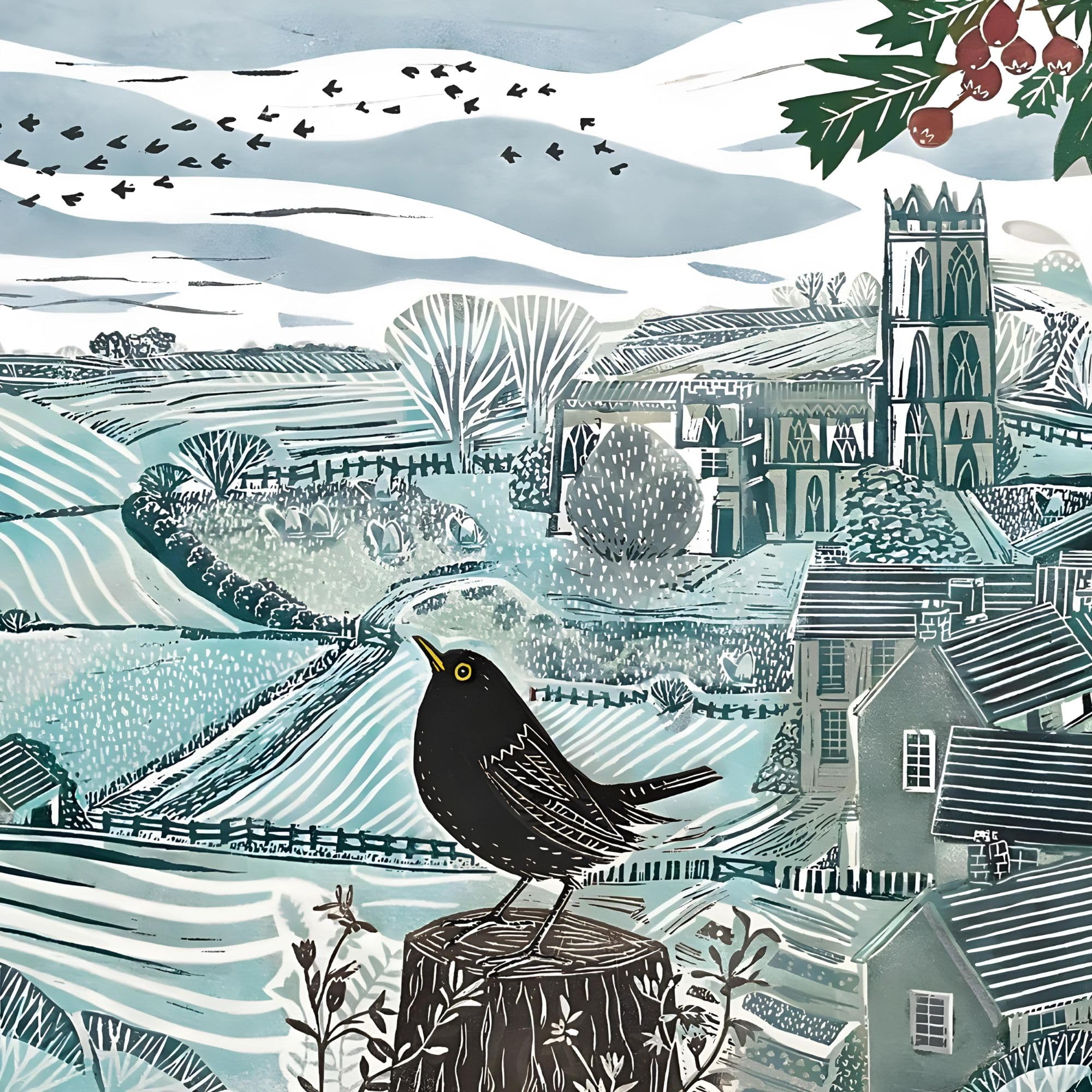 Charity Christmas Cards Pack of 5, BHF, Marie Curie, Mind, NSPCC, Shelter, Winter Blackbird and Countryside Scene