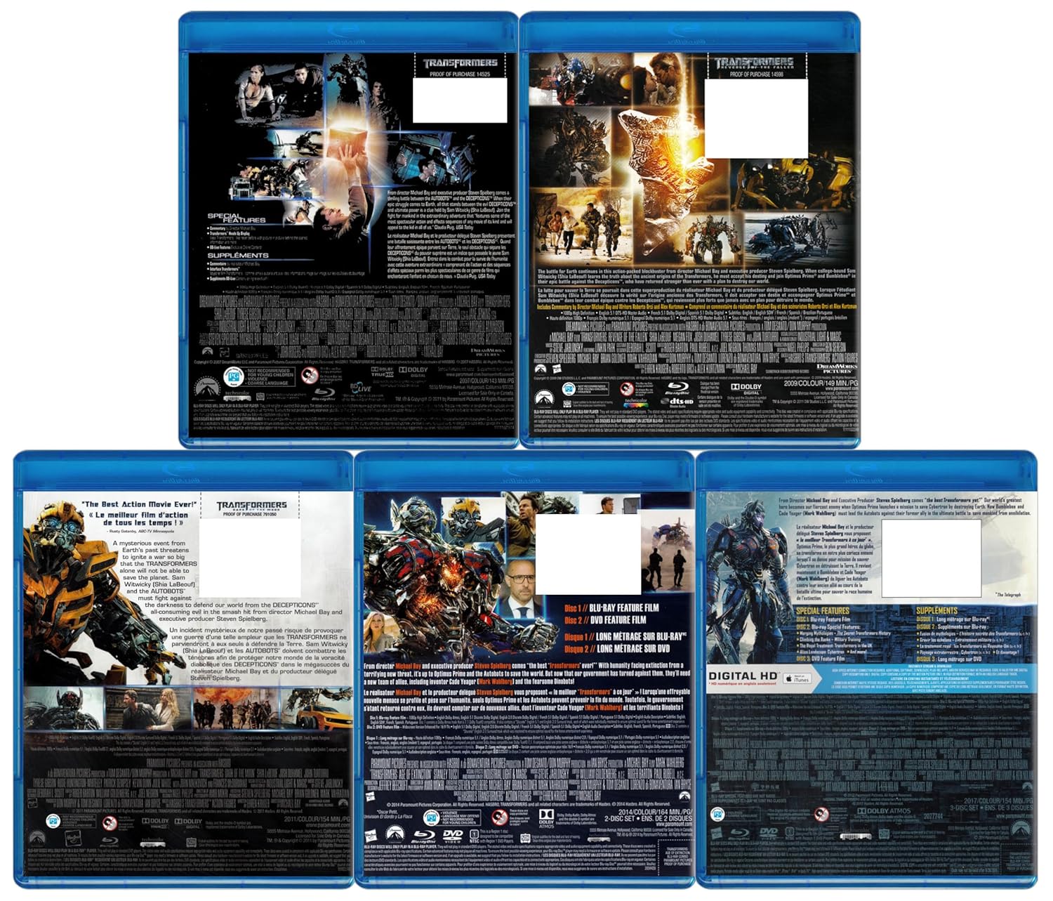 Transformers 1-3 (Blu-ray) / Transformers: Age of Extinction & Transformers: The Last Knight (Blu-ray + DVD) (5-Pack)