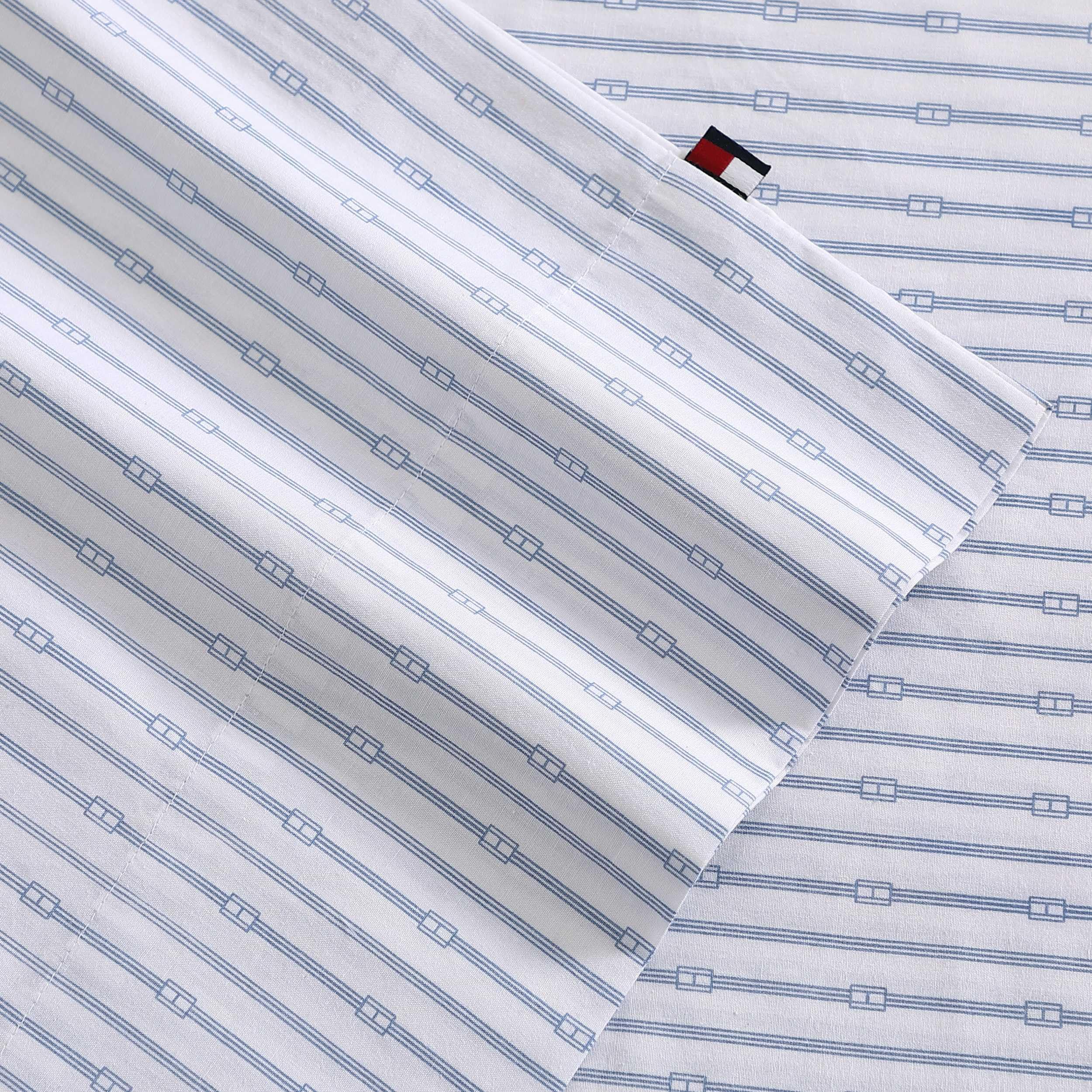 Tommy Hilfiger - Juego de sábanas, Ropa de Cama de percal de algodón con Fundas de Almohada a Juego, Fresco y Fresco, artículos Esenciales para el hogar Monograma Rayas Azules