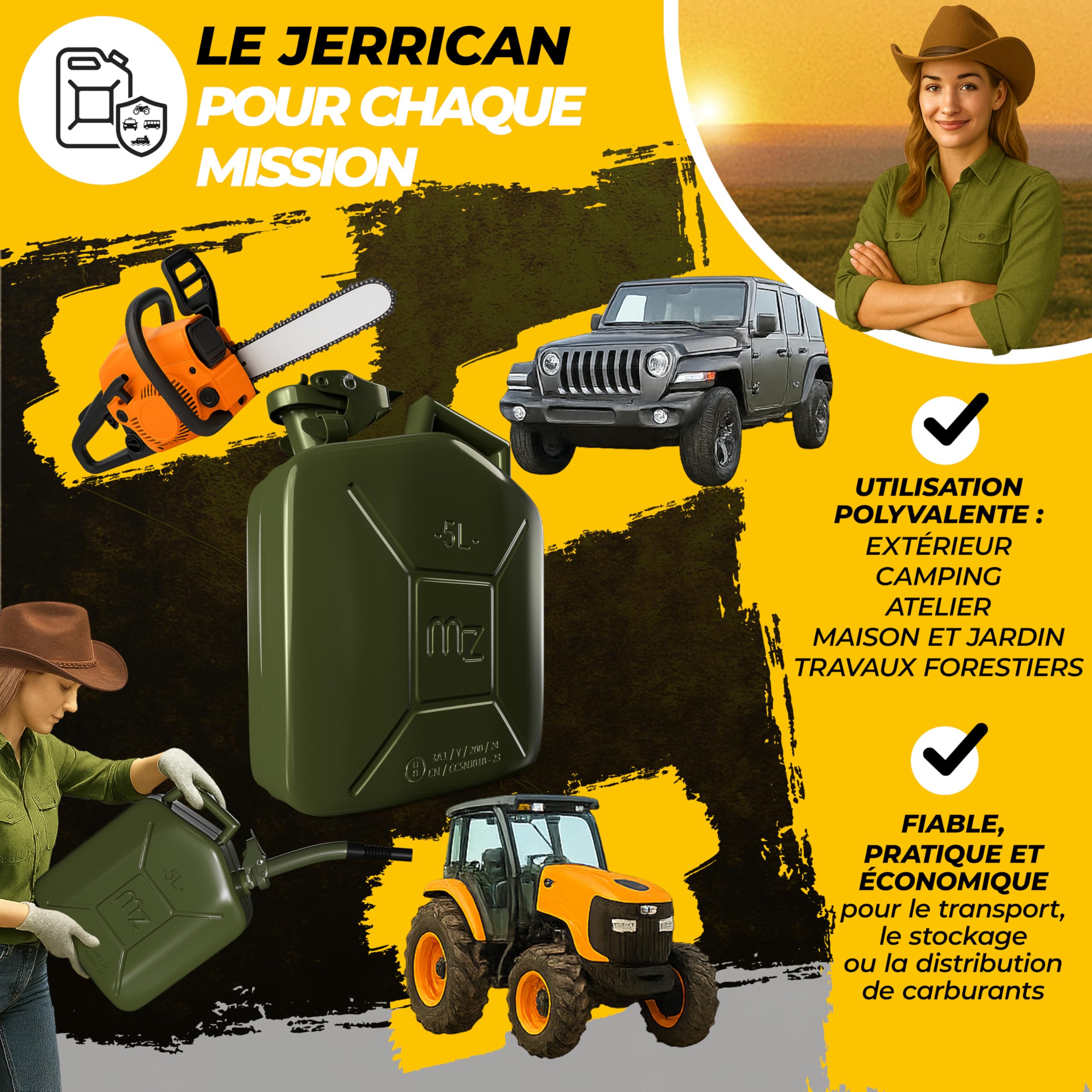 Jerrican en métal 5L Bidon avec bec verseur 24x12x35 cm Liquide carburants