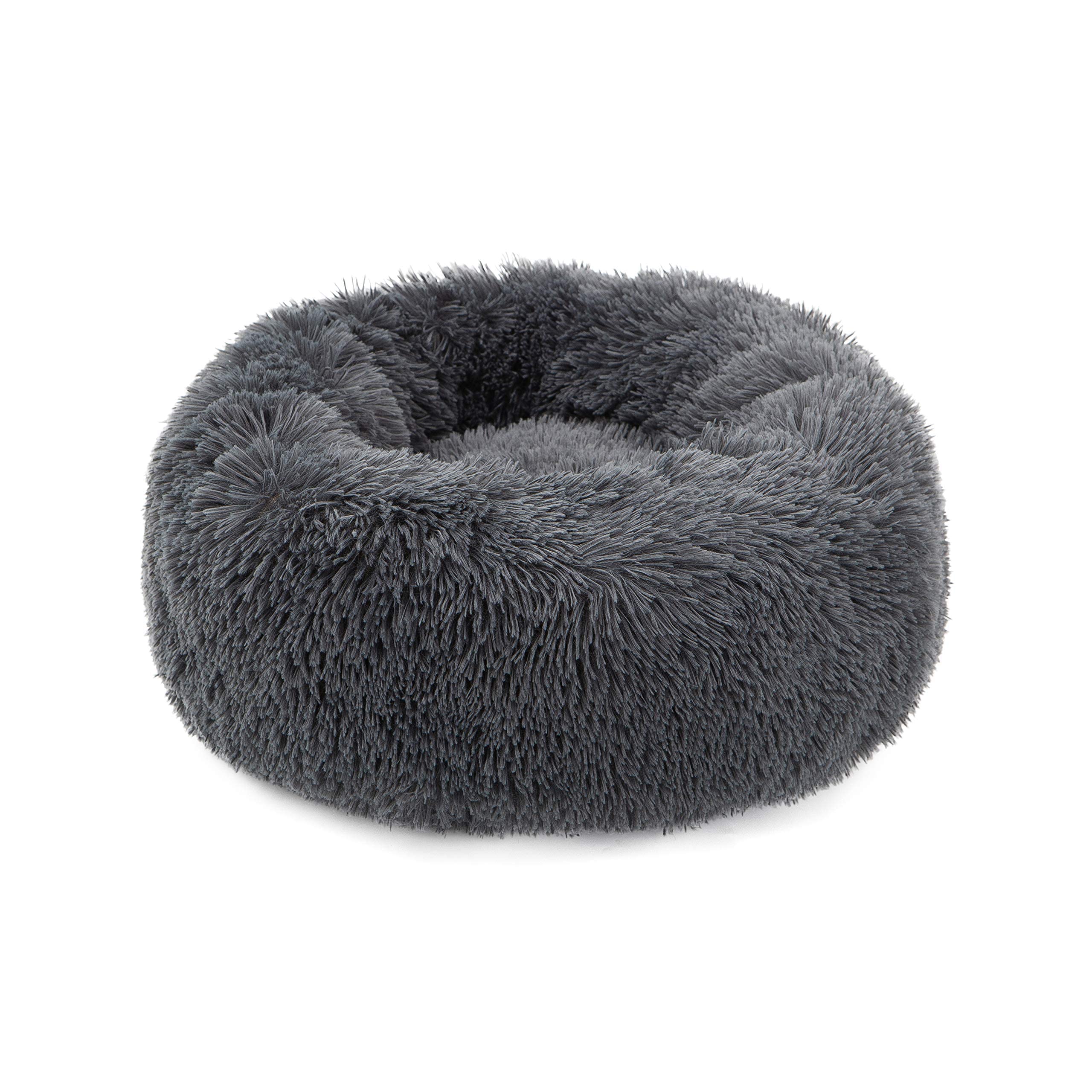 DreamQuil Dog Bed for Medium Dogs, Calming Donut Washable Cat Bed Two Tone Shaggy Fluffy fur Round Cuddler Dog Anxiety Relief Pet Cushion Beds, 60cm Diameter, D.Grey