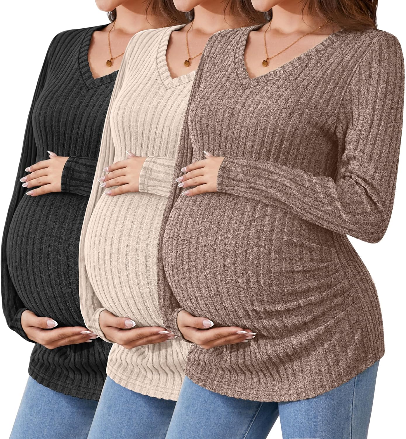Ficerd 3 Pack Women’s Maternity Shirts Ribbed Long Sleeve Pregnancy Tops V Neck Knit Side Ruched Pregnant Clothes Sweater