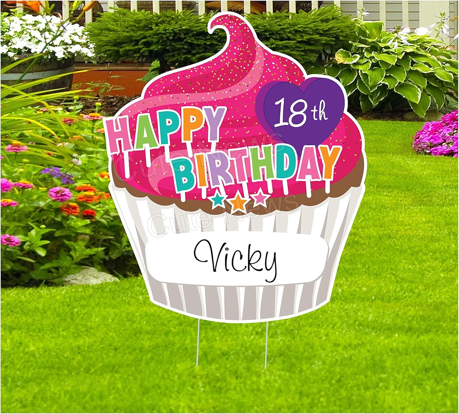 Happy Birthday Cupcake Lawn Decoration Sign, Personalized Name & Age Outdoor Yard Banner, Greeting Card, Custom Party Banner Decor, Gift, Pink