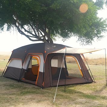 KTT Extra Large Tent 6-12-14 Person,Family Cabin Tents,2 Rooms,3 Doors and 3 Windows with Mesh,Straight Wall,Waterproof,Double Layer,Big Tent for Outdoor,Picnic,Camping,Family Gathering