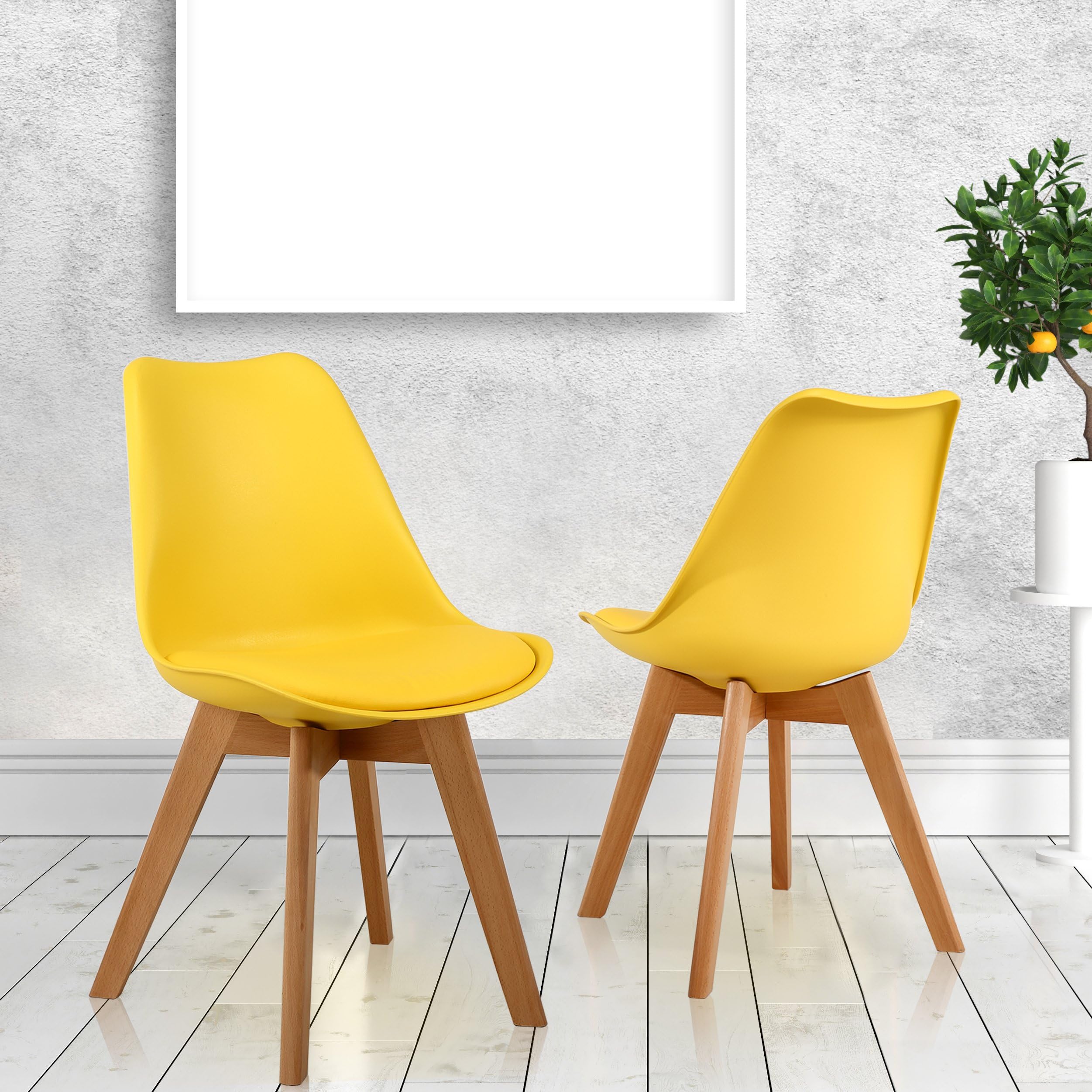 Mid Century Modern Designer Dining Chairs Elegant Eames Style Dining Room Chairs with Sturdy Wooden Legs (Yellow×2)