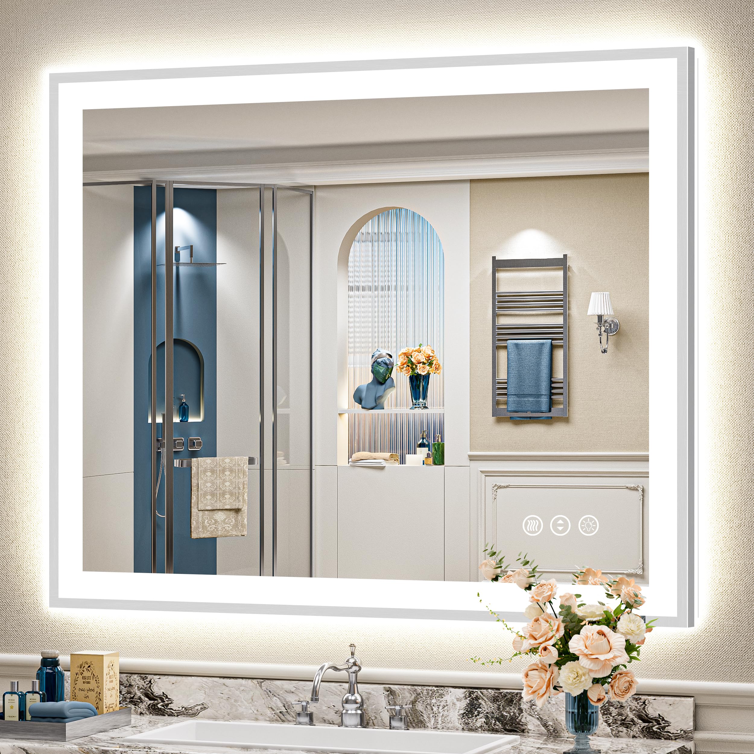 48x40 Brushed Nickel LED Bathroom Mirror with Lights, Backlit &amp; Front-Lit, Anti-Fog, Framed Lighted Vanity Mirrors for Bathroom Wall, Dimmable, 3 Colors, Memory, Shatter-Proof, Tempered Glass