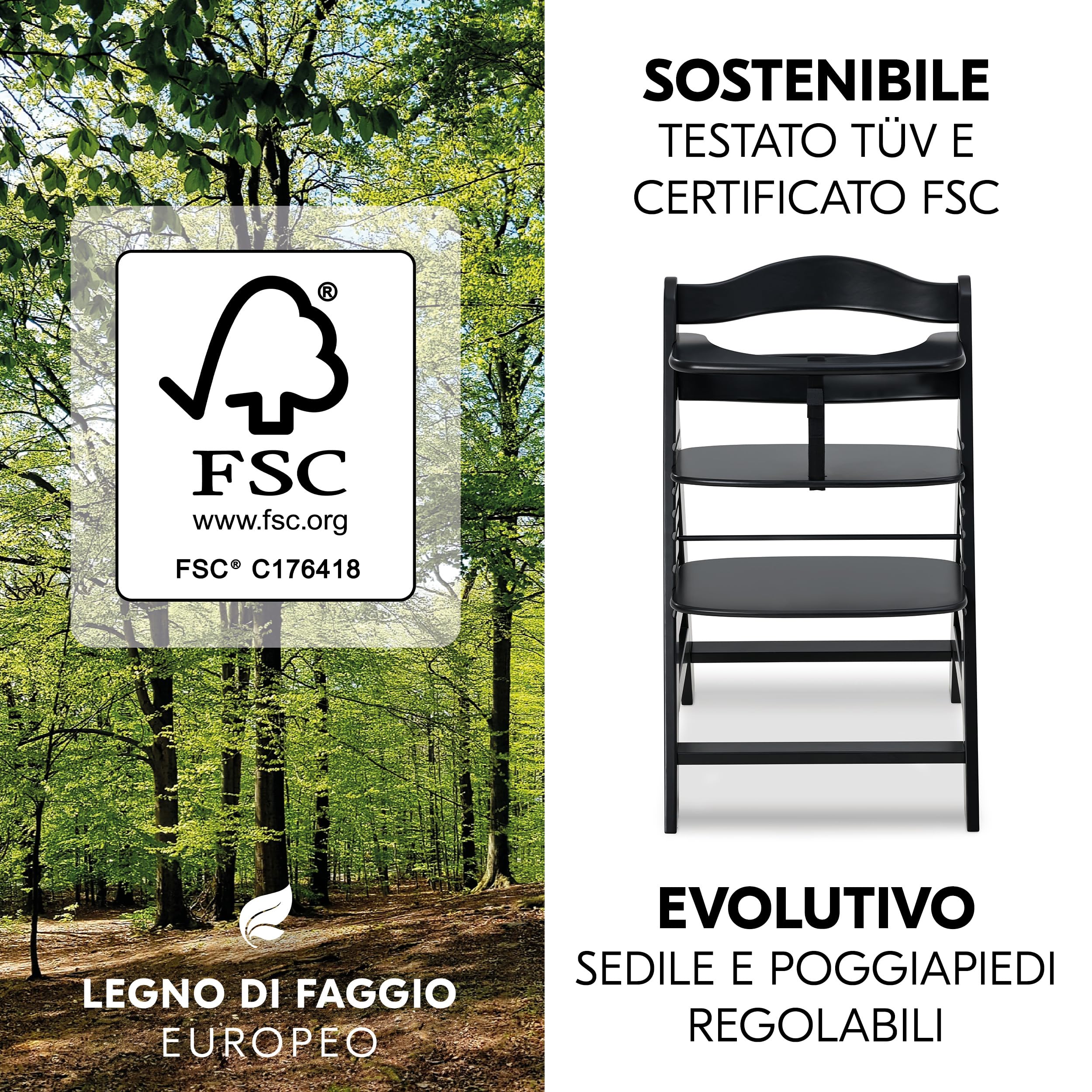 hauck Seggiolone Pappa Alpha Plus Set Newborn - Seggiolone Pappa Bimbi in Legno, Evolutivo con Sdraietta Neonato 2in1 e Cuscino - Nero
