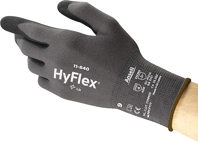 Ansell HyFlex 11-840 Professional Work Gloves, Abrasion Resistant Nitrile Coating with Firm Grip, Multipurpose Protection Gloves, Mechanical and Industrial Safety, Black, Size XS (12 Pairs)