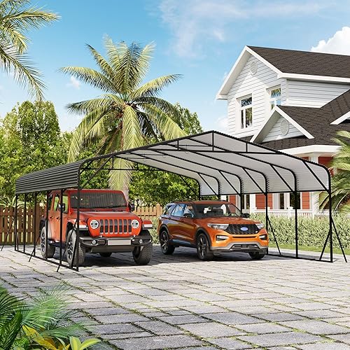 Metal Carport, 20x25 FT Outdoor Carport Canopy with Reinforced Base and Galvanized Steel Roof, Heavy Duty Garage Car Shelter Shade for SUV, Truck, Boats