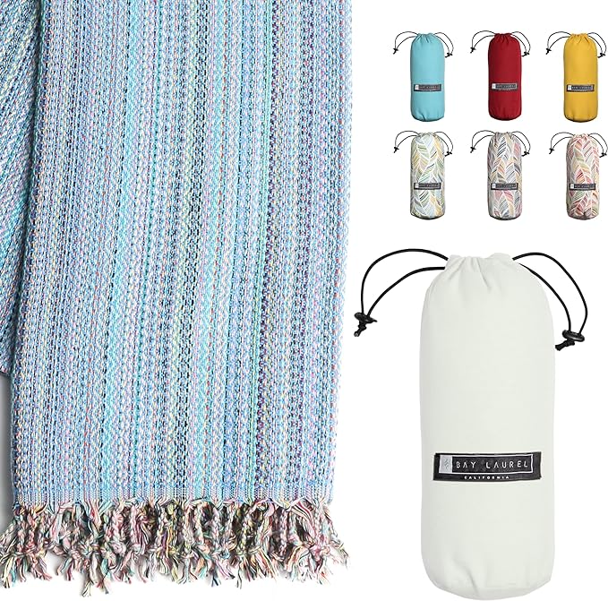 BAY LAUREL Turkish Beach Towel with Travel Bag 39 x 71 Quick Dry Sand Free Lightweight Large Oversized Towels Light
