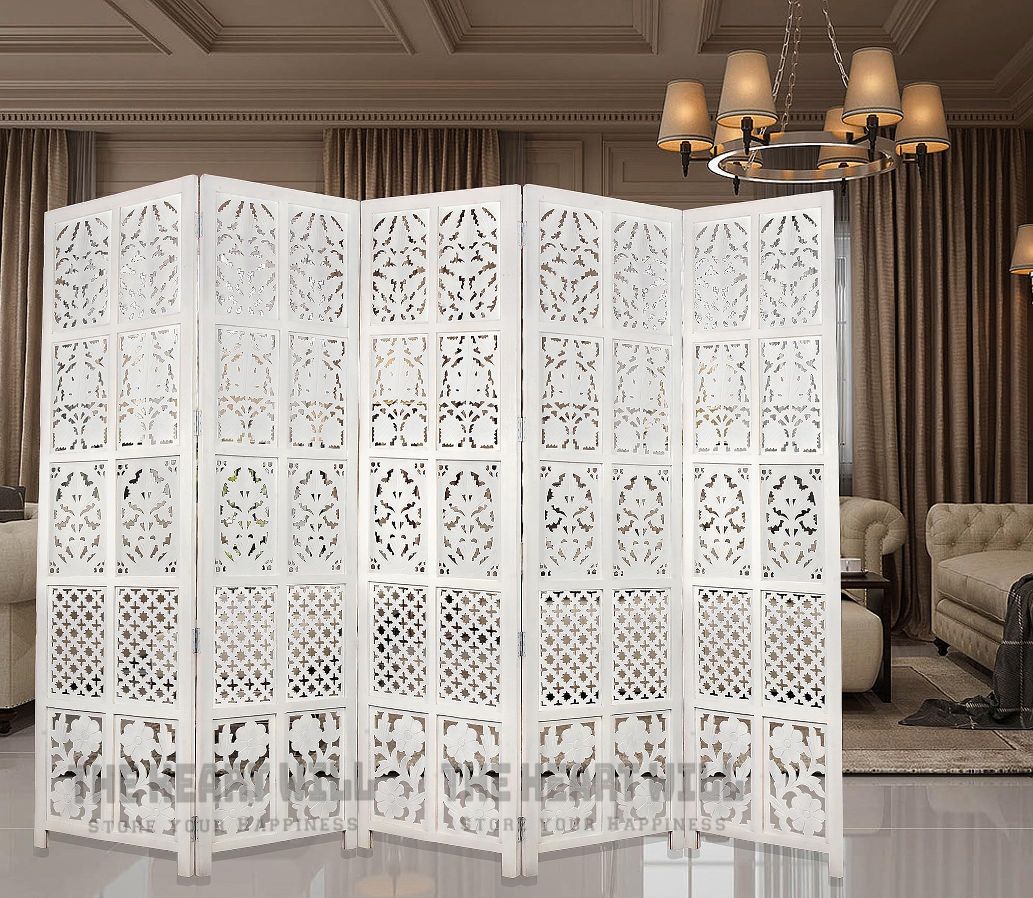 THEHEARTWILL® Wooden Partition for Living Room/Partition Wall Divider for Living Room/Room Partitions and Dividers/Wooden Partition for Pooja Room,Bedroom,Kitchen. (White (5 Panels))