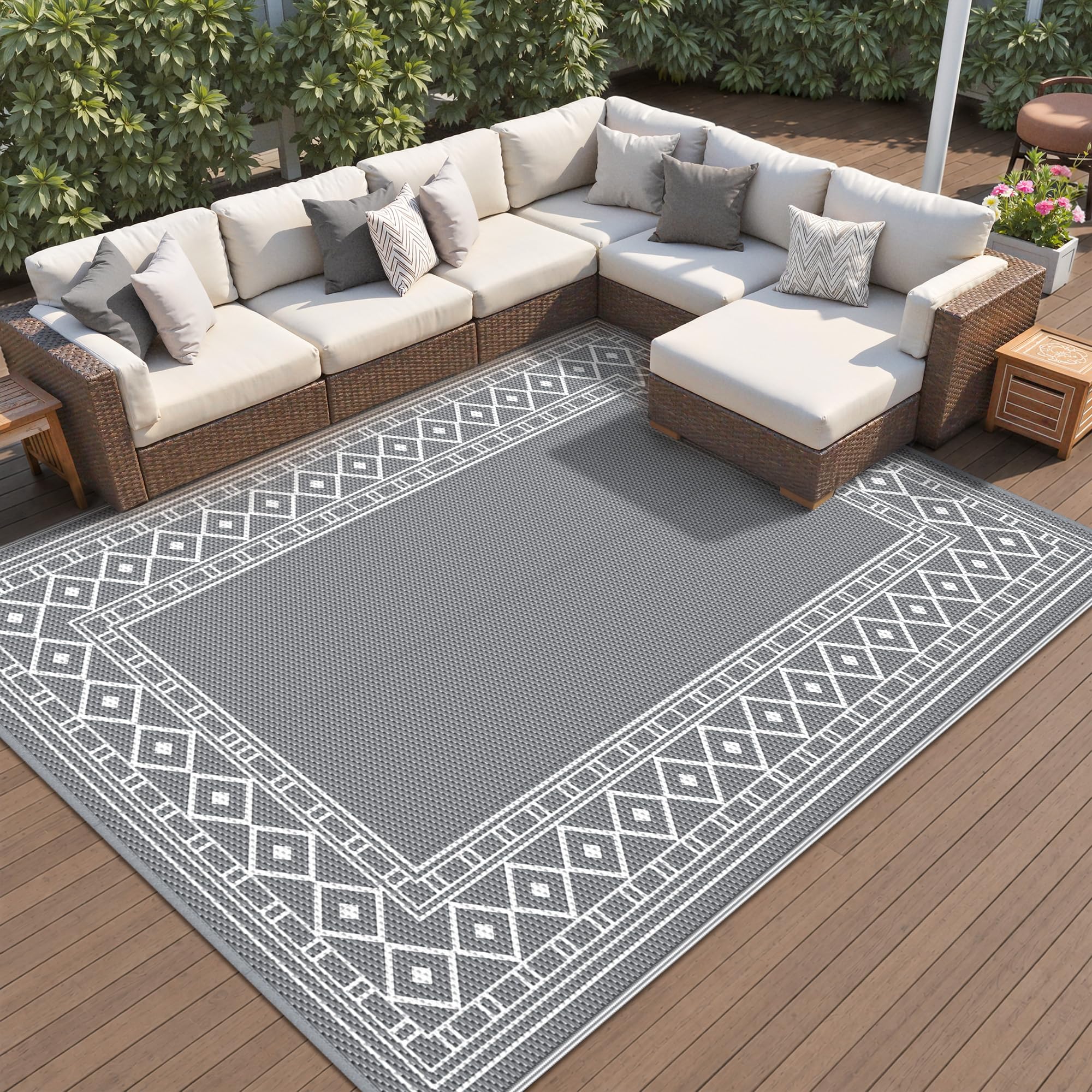 GENIMO Outdoor Rug, Waterproof Plastic Rugs for Patio, 8'x10' Grey White