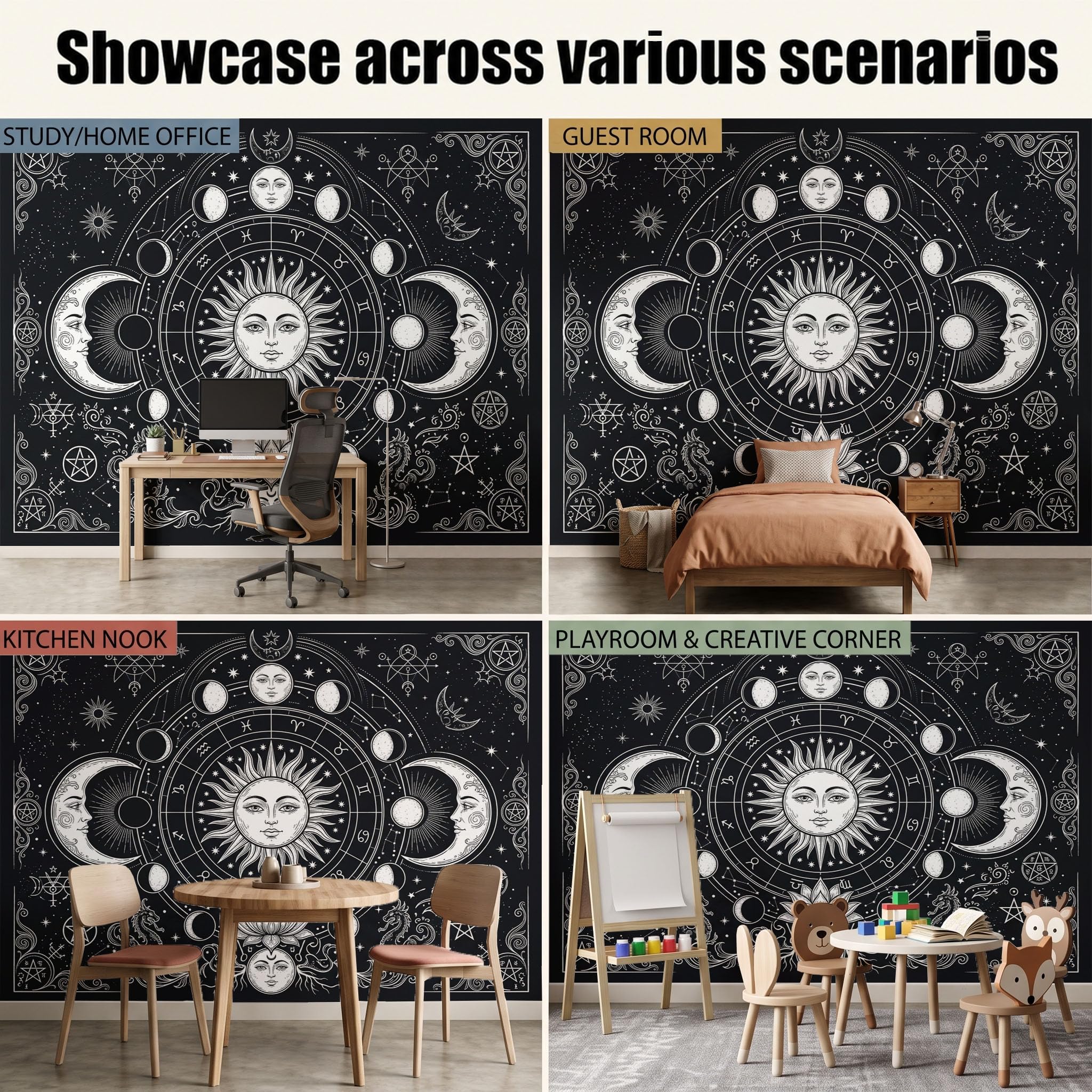 Papier Peint Panoramique Mystère Soleil Lune Portrait 400X280Cm Murale Photo | Paysage De Tarot Bohème Noir Et Blanc Tapisserie Murales Papier Peint Intissé Pour Chambre Salon Fond Tv Muraux