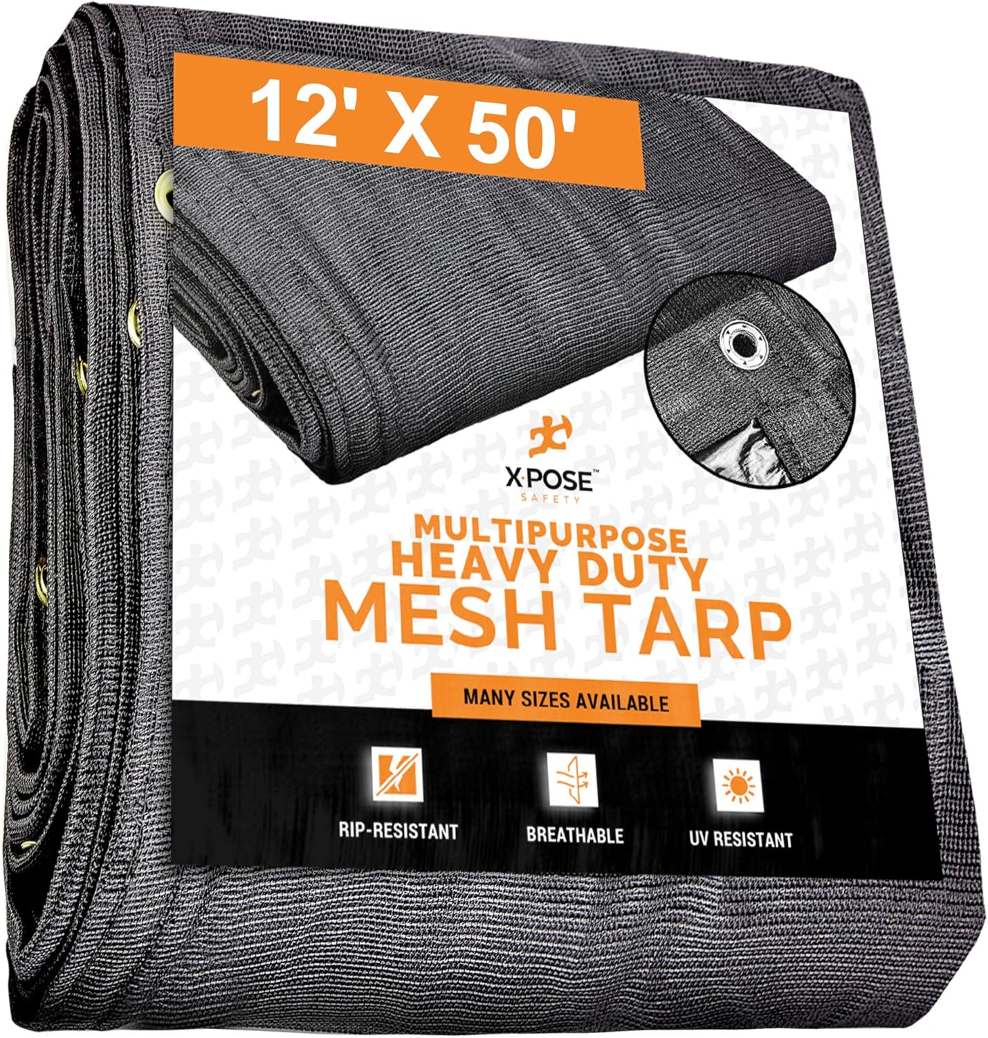 Xpose Safety Heavy Duty Mesh Tarp – 12’ x 50’ Multipurpose Black Protective Cover with Air Flow - Use for Tie Downs, Shade, Fences, Canopies, Dump Trucks – Tear Resistant