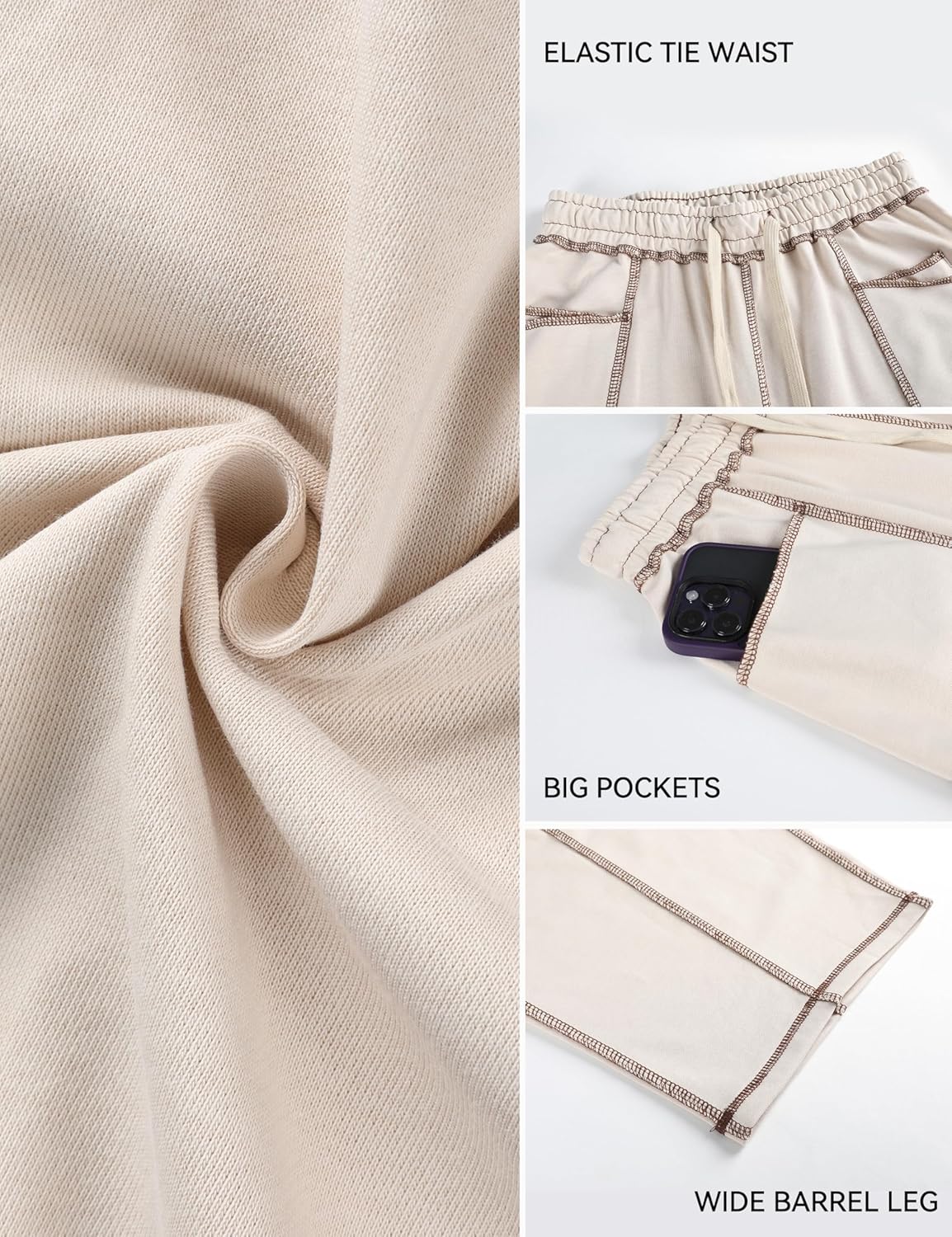 Yeokou Womens Wide Leg Barrel Sweatpants Drawstring High Waisted Contrast Stitching Baggy Joggers Casual Lounge Pockets Pants - Image 5