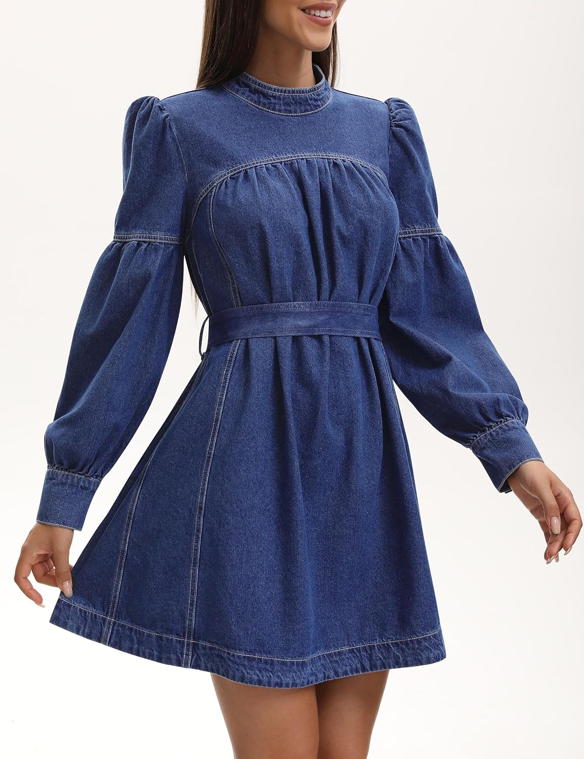 Denim Dress for Women Puff Long Sleeve, Mock Neck Babydoll Jean Mini Dress with Tie and Pocket - Image 2