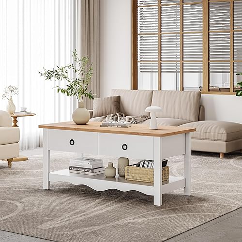 Miniatura 6 de DWVO Mesa de centro rústica, mesas de centro rectangulares con estante de almacenamiento y cajones, mesa de centro de mesa de madera natural para