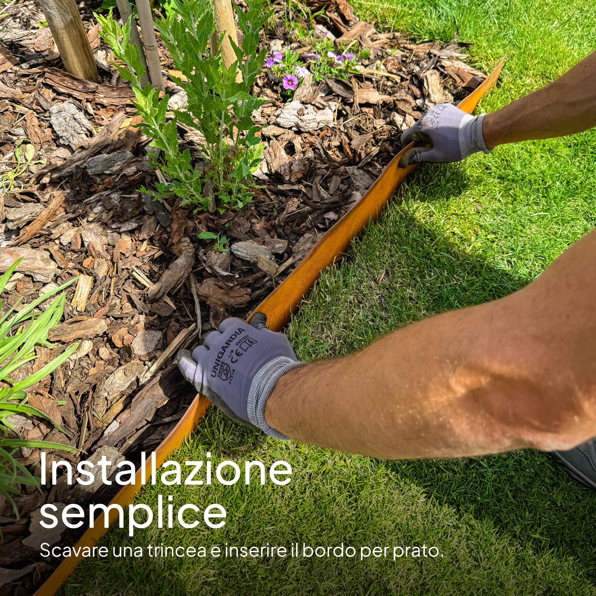UNIGARDIA Bordura per Giardino in Acciaio Corten 10 m - Bordura per Aiuola in Metallo, Altezza 14 cm - Installazione Facile - Bordo per Prato in Ruggine, 1 Paio di Guanti Inclusi