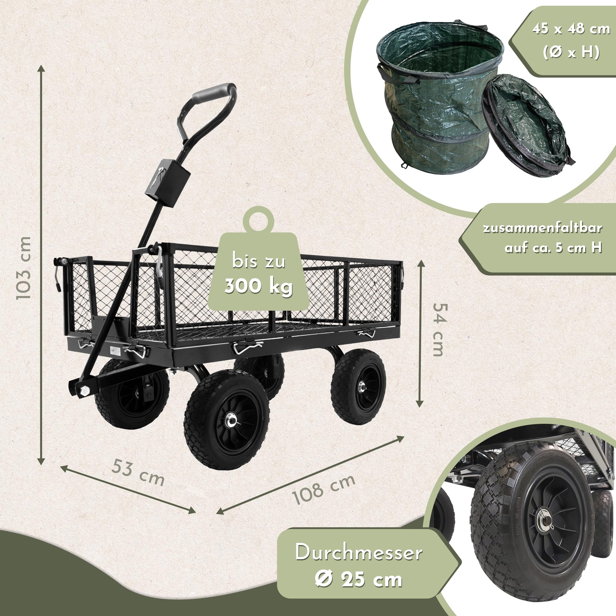 Lemodo Gartenwagen aus Stahl mit Laubsäcken und Gummireifen, 300 kg Tragkraft, Ladefläche 96,5 x 53 x 22 cm, Anhänger mit Kupplung für Rasentraktor ideal für Laub, Gartenabfälle, Holz und Gartenarbeit