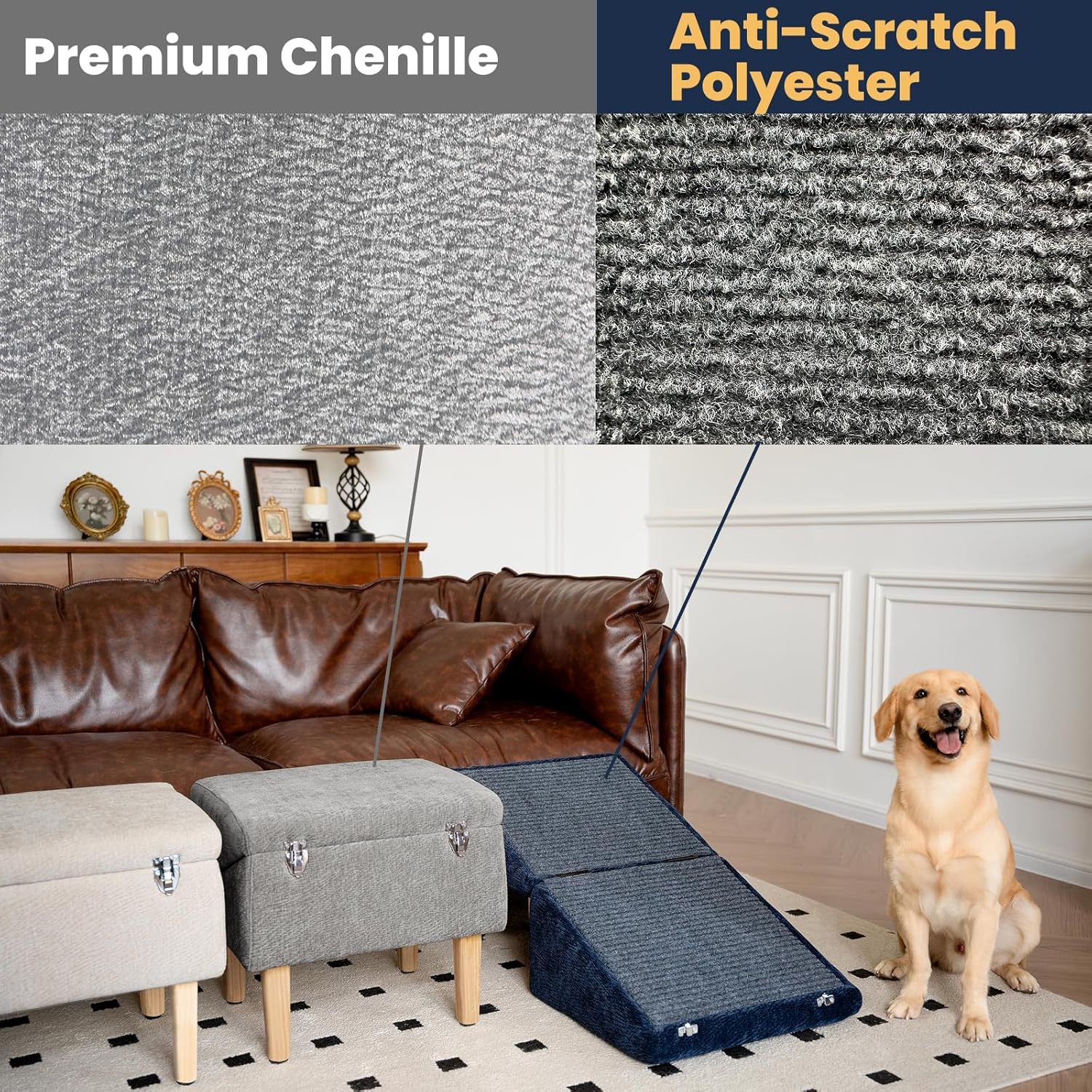 3-in-1 Dog Ramp 18.9"×17.7"×18.9" with Storage – Pet Stairs for Senior & Injured Dogs & Cats, Hidden Storage Footstool, Ottoman Anti-Slip, Supports 220 lbs for Beds & Sofas