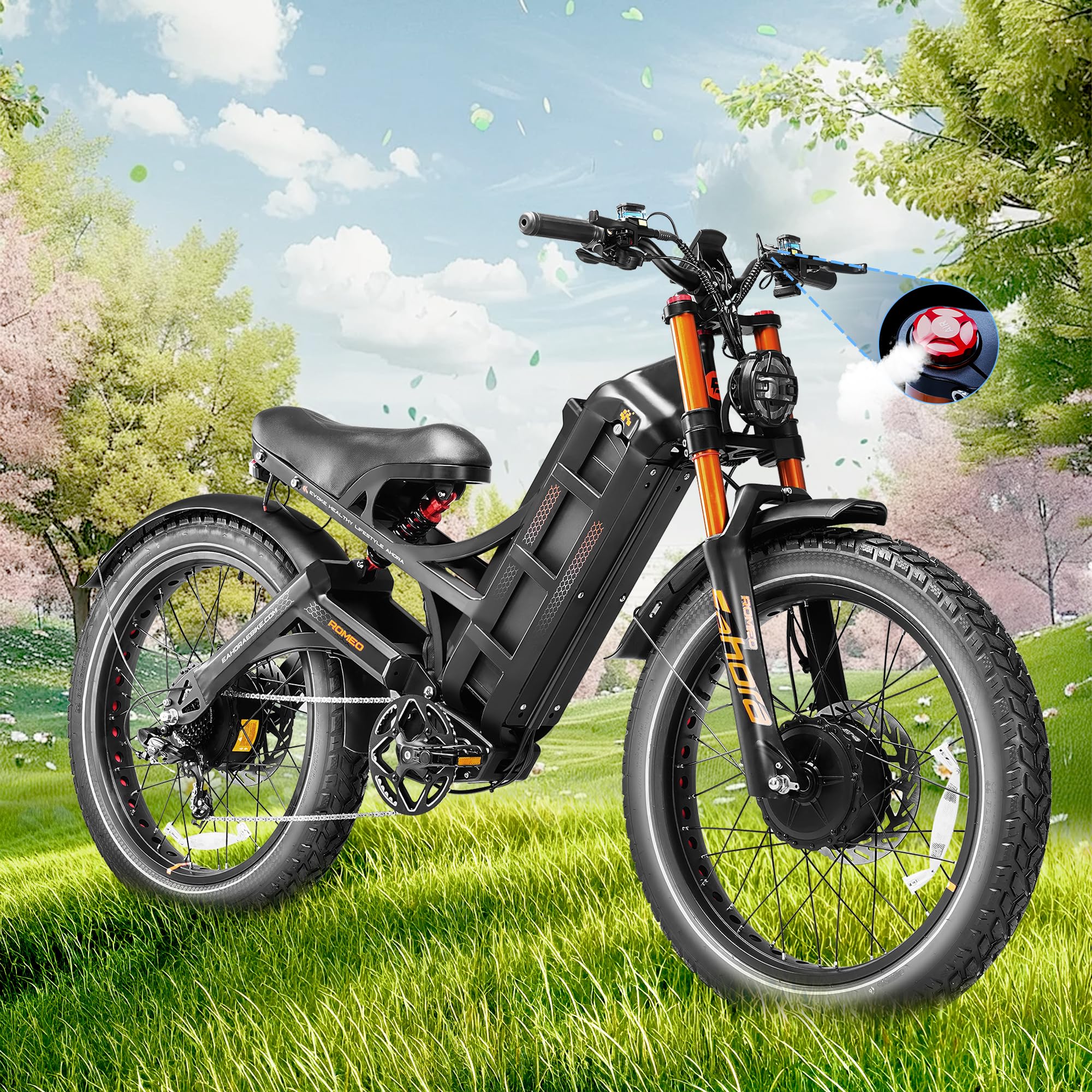 eAhora Romeo Pro Ⅱ/Romeo Ⅱ (2025 Model) 4000W/2500W Dual Motor Electric Bike for Adults 52V 70AH/60AH 100-200 Miles Long Range Electric Bike 26" Fat Tire Electric Mountain Bike Full Suspension Ebike