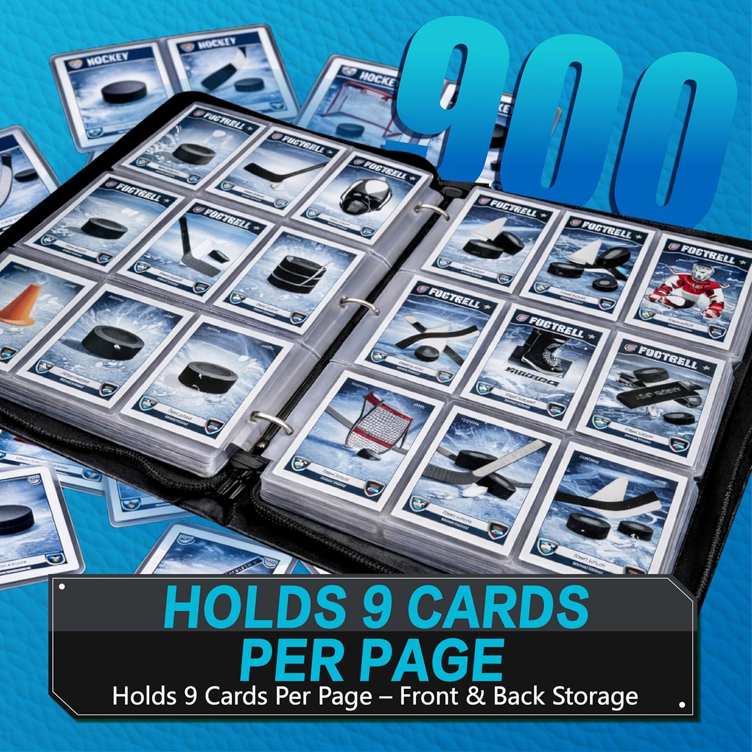 Hockey Card Binder with Sleeves, 9-Pocket Portable Card Protectors Album Holder Book with Zipper, Fits 900 Cards with 50 Removable Sleeves, Hockey Cards Display Storage Carrying Case