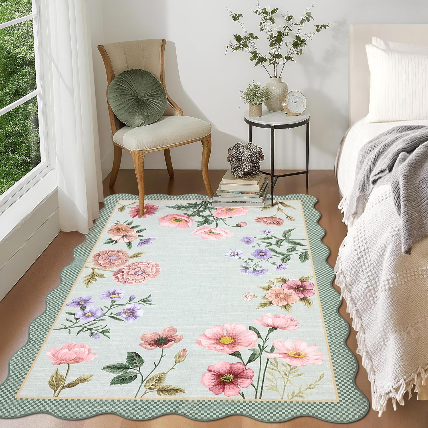 GarveeHome Floral 4x6 Rug, Ultra-Thin Soft Scalloped 4X6 Area Rug for Living Room, Non-Slip Stain Resistant Boho Lightweight Low-Pile Throw Rug for Nursery Office, Blue