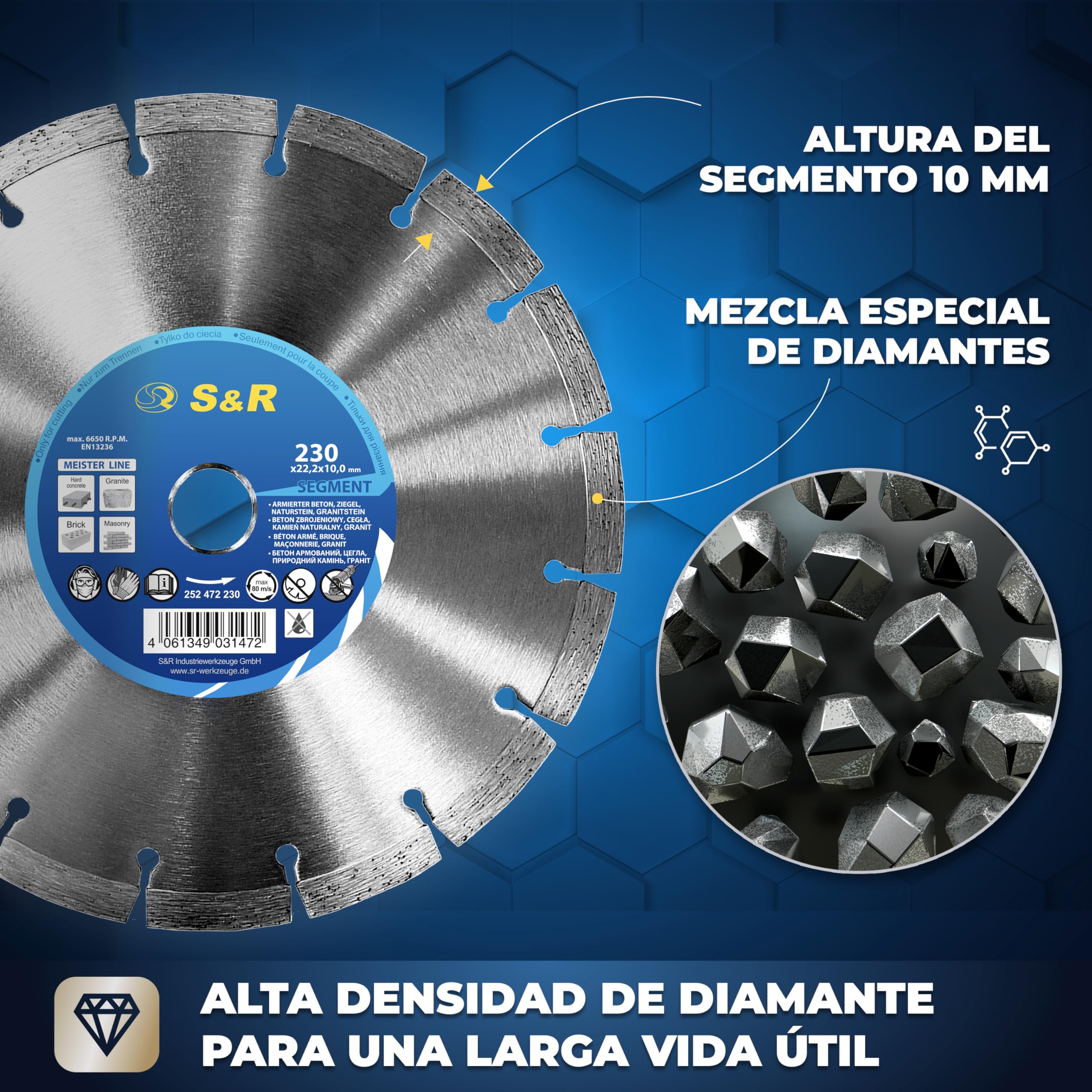 S&R Disco corte de Diamante 230 x 22,2 x 10 2,6 mm para Hormigón, Hormigón armado, Granito, Piedra natural, Ladrillo