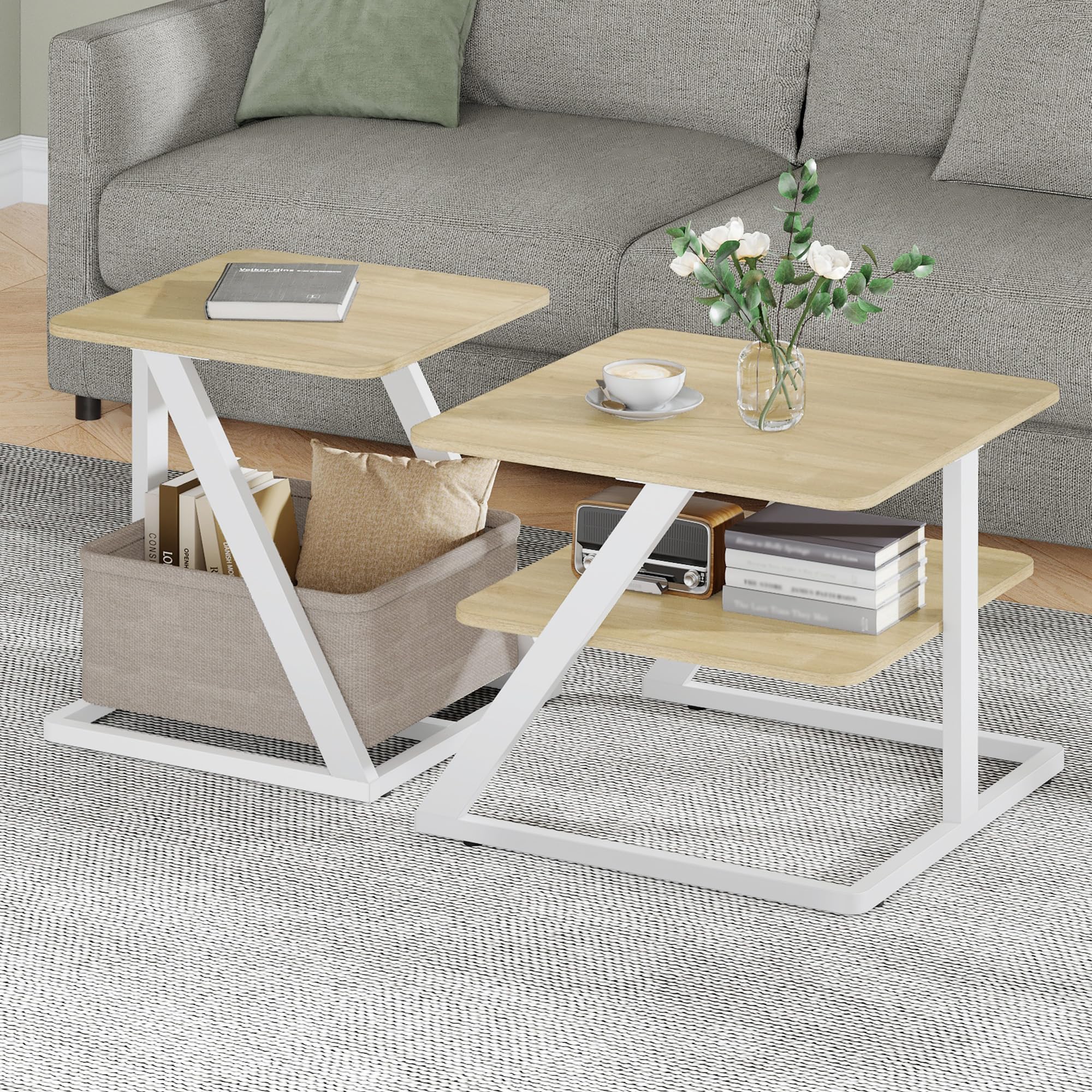 Hzuaneri Table Basse Gigogne Lot de 2, Blanc Bois Coloris