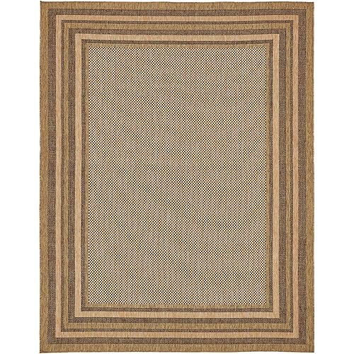Unique Loom Outdoor Border Collection Area Rug - Multi Border (9' x 12' Rectangle, Light Brown/ Brown)