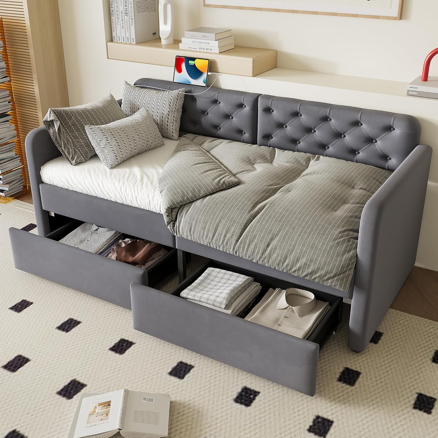 Bellemave Twin Upholstered daybed with 2 Drawers and USB Charging, Velvet Sofa Bed Twin Size, daybed with Trundle for Adults, Kids, Girls, Teens, for Living Room, Grey