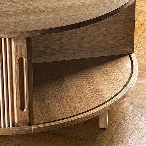 Miniatura 10 de Mesa auxiliar redonda, mesa central acanalada de 31.5 pulgadas con almacenamiento, mesa de centro elevable con almohadillas ajustables, puerta