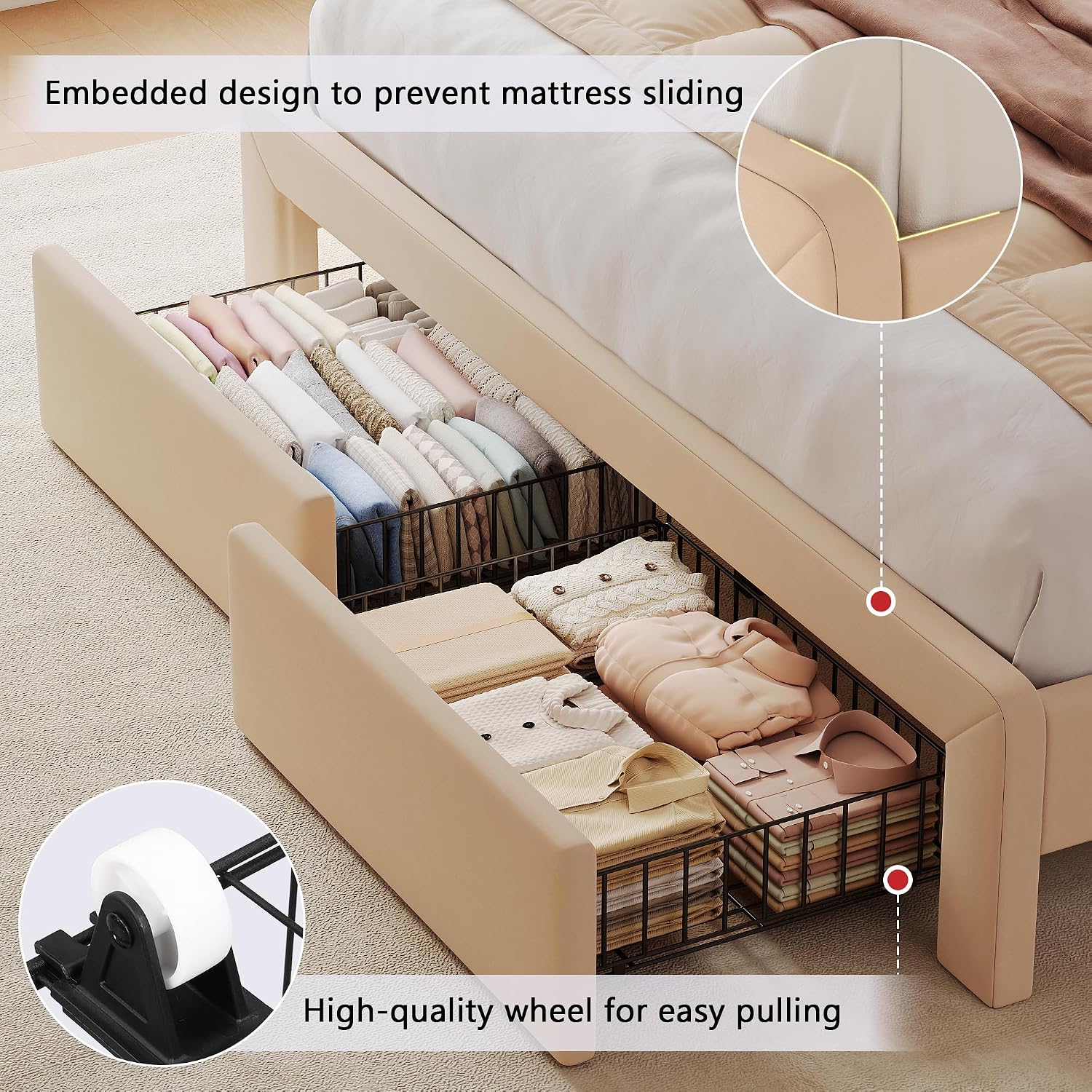 Feonase Queen Upholstered Bed Frame with Headboard and 2 Storage Drawers, Built-in Charging Station, Velvet Platform LED Bed with Solid Wood Slat Support, No Box Spring Needed, Beige