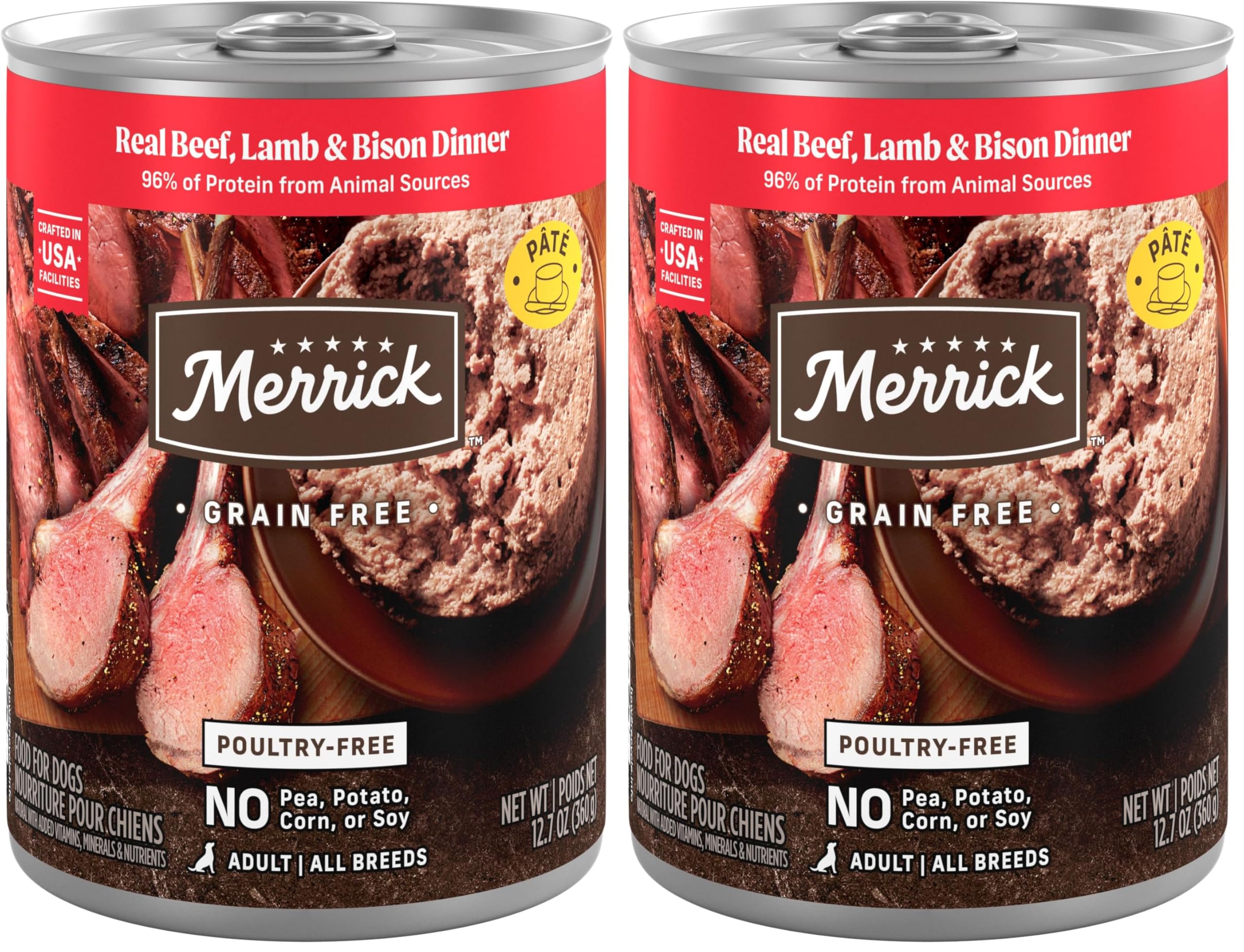 Merrick Grain Free Premium and Natural Canned Dog Food, Soft &amp; Healthy Poultry Free Wet Recipe, Real Beef Lamb and Bison - 12.7 oz. Cans, (Pack of 24)