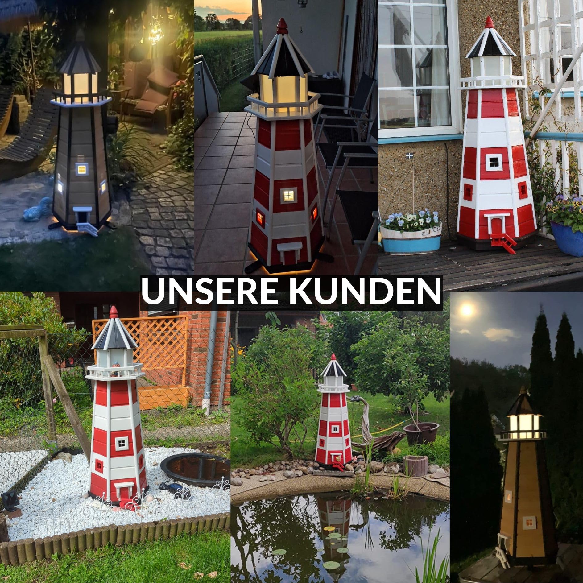 Deko-Shop-Hannusch Wunderschöner großer XXL Leuchtturm aus Holz mit SOLAR Beleuchtung Größen, Solarbeleuchtung, (rot/Weiss, 1,10 m)