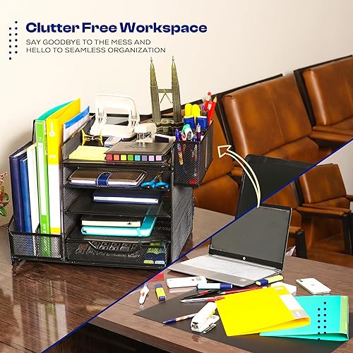 Miniatura 6 de SimArtz Organizador de bandeja de papel de 5 niveles con soporte para archivos, organizador de escritorio con cajón y soportes para bolígrafos,