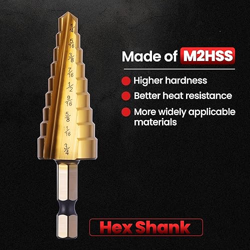 Miniatura 4 de Juego de 3 brocas escalonadas, 4241 HSS de acero de alta velocidad con vástago hexagonal, punto de división de 118, broca de cono Unibit de doble