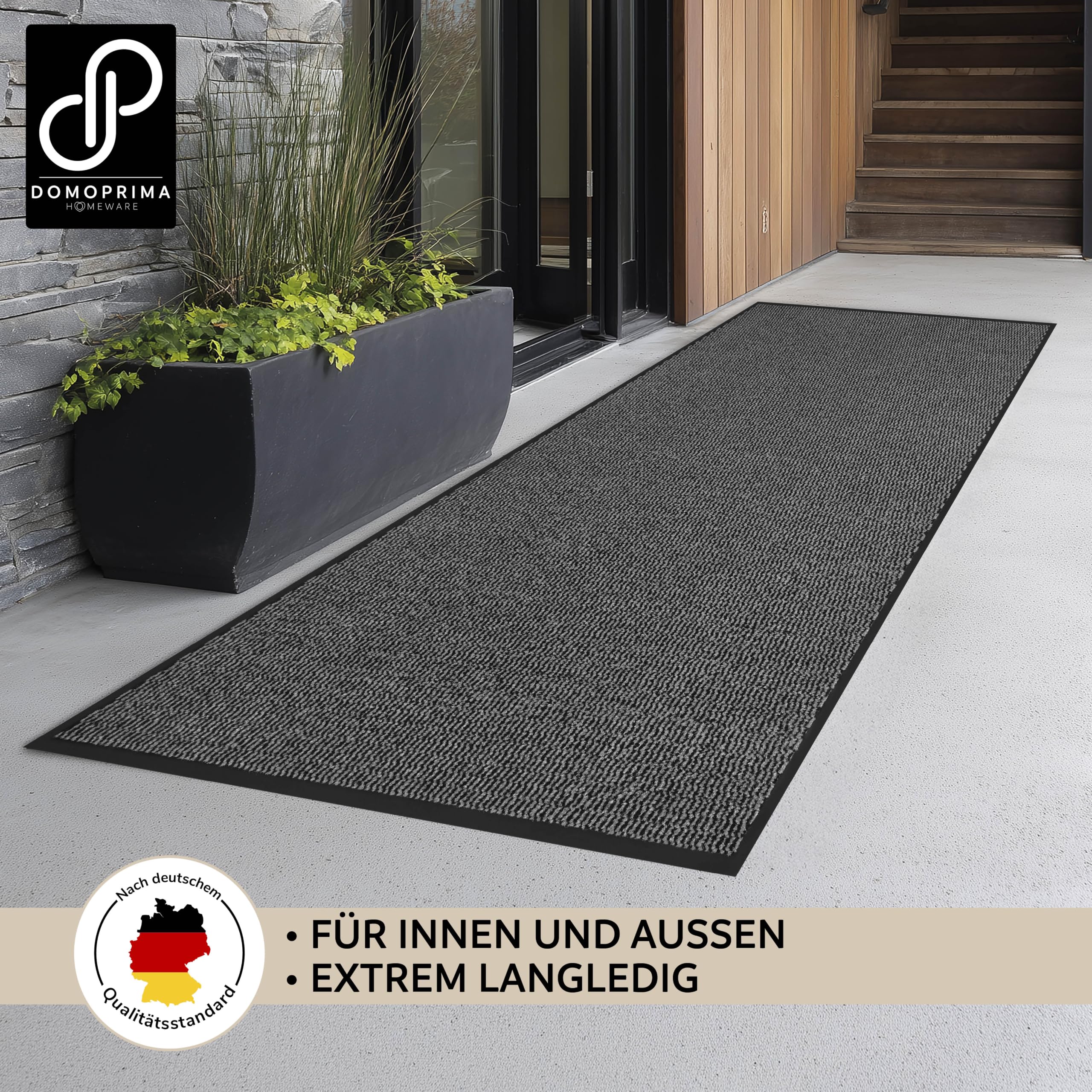 DOMOPRIMA® Premium Frisé Schmutzfangmatte in Gewerbequalität – Eingangsmatte für Büro, Praxis, Einzelhandel und Zuhause, rutschfest, geruchsneutral (grau meliert, 90 x 300 cm)