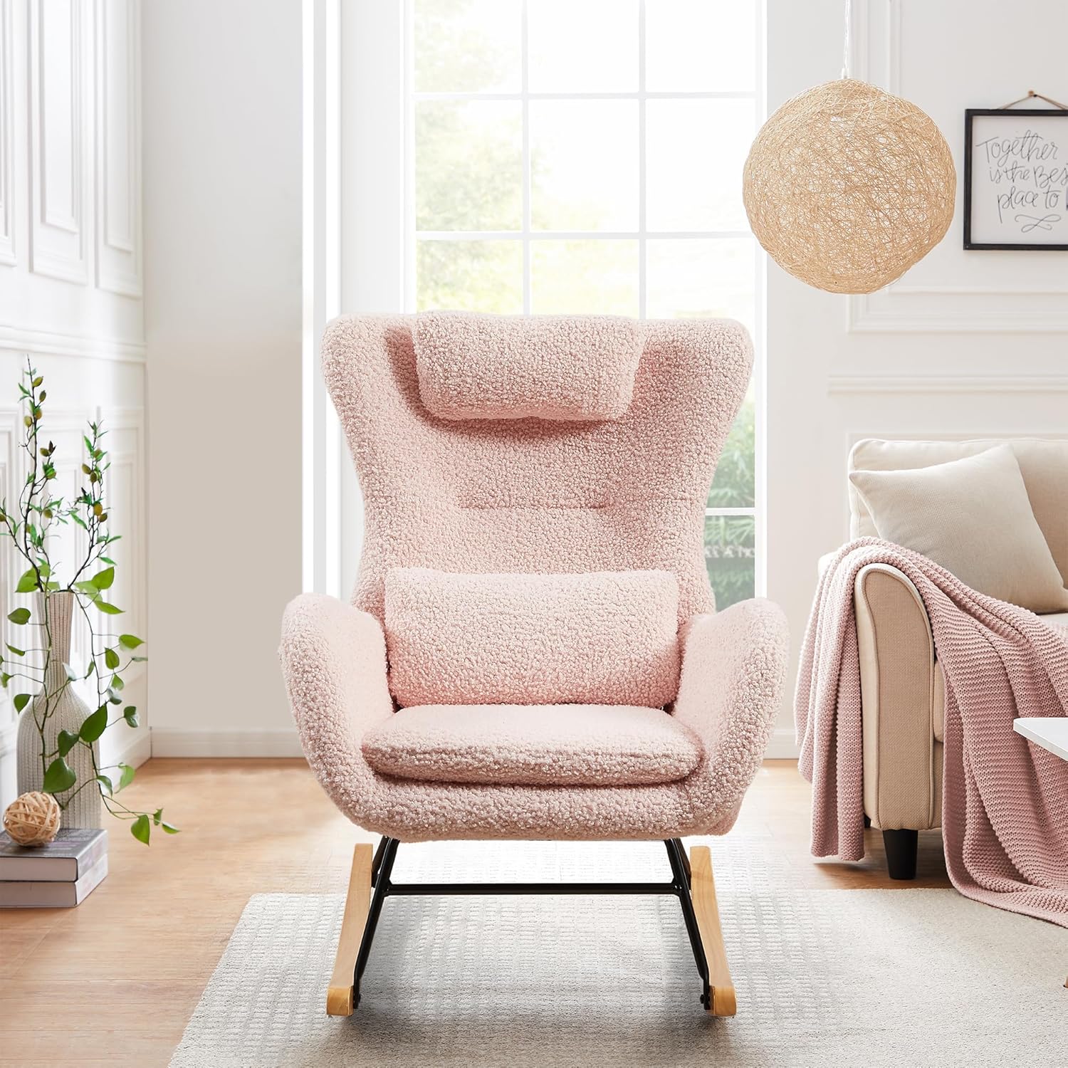 KEVINSPACE Modern Rocking Chair, Modern Chair Nursery Upholstered Nursery Glider Rocker for Baby, Comfy Uplostered Accent Chair with Head Cushion, Pillow, High Backrest and Armrests, Indoor Pink