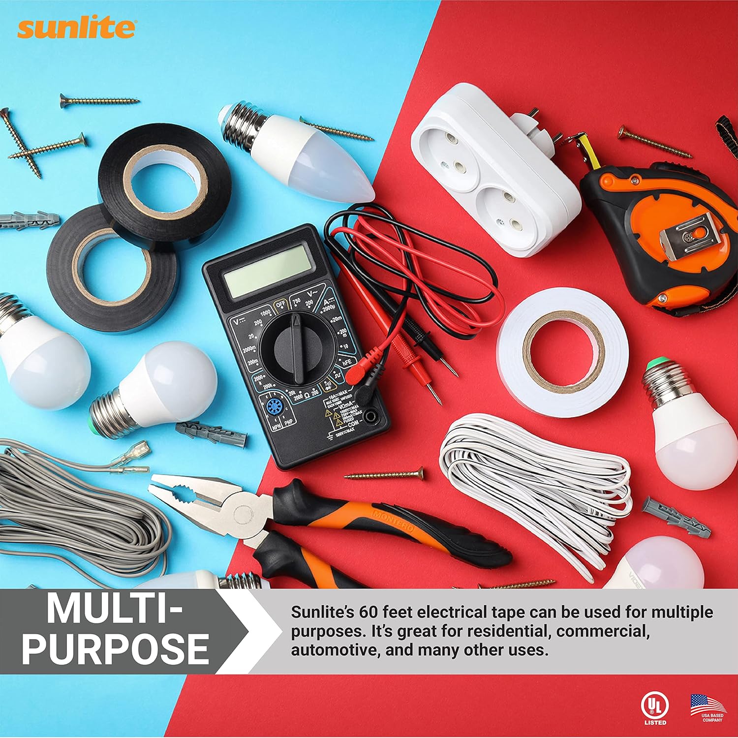 Sunlite 41325-SU 10-Pack PVC Electrical Tape 60 Feet x 0.75 Inches, for Splicing, Protecting, and Insulating Wires, Abrasion Resistant, Flame Retardant, Weatherproof, UL Listed, White, 10 Count